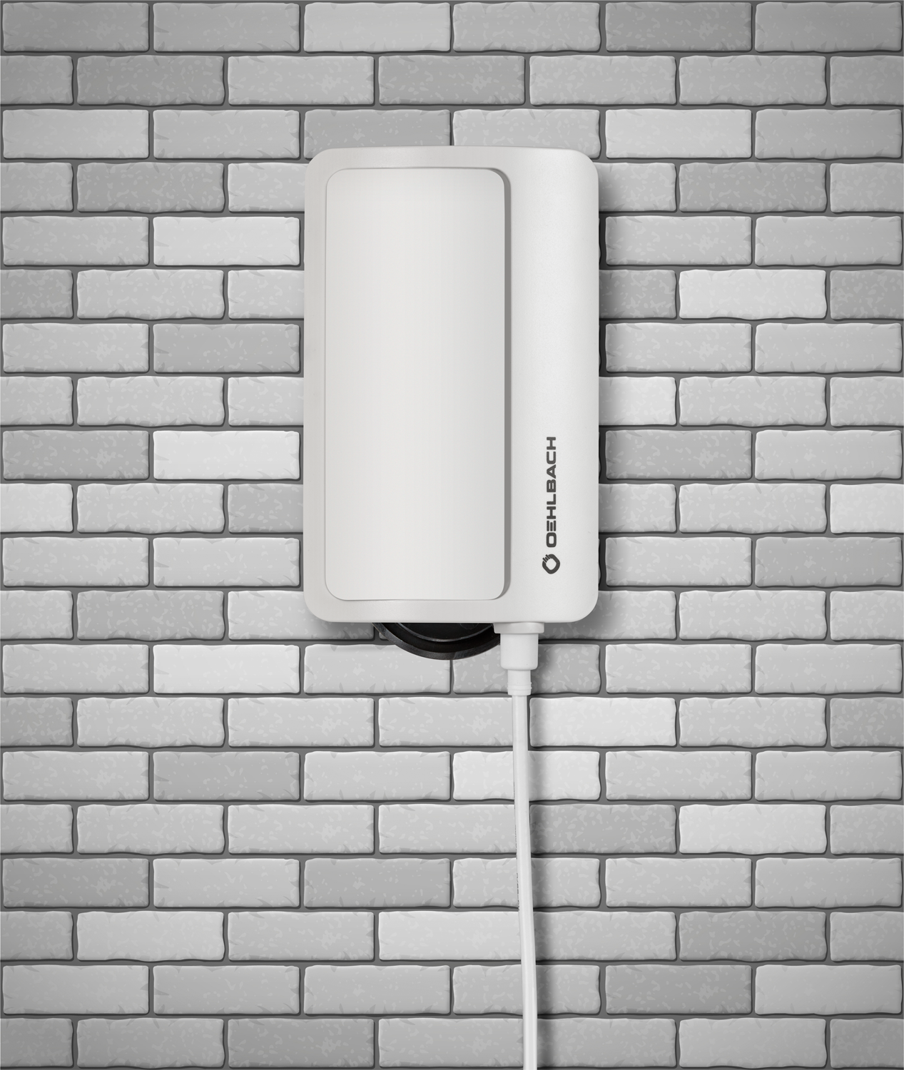 Biała ładowarka ścienna zamontowana na szarej ceglanej ścianie. Biały kabel schodzi z niej w dół.