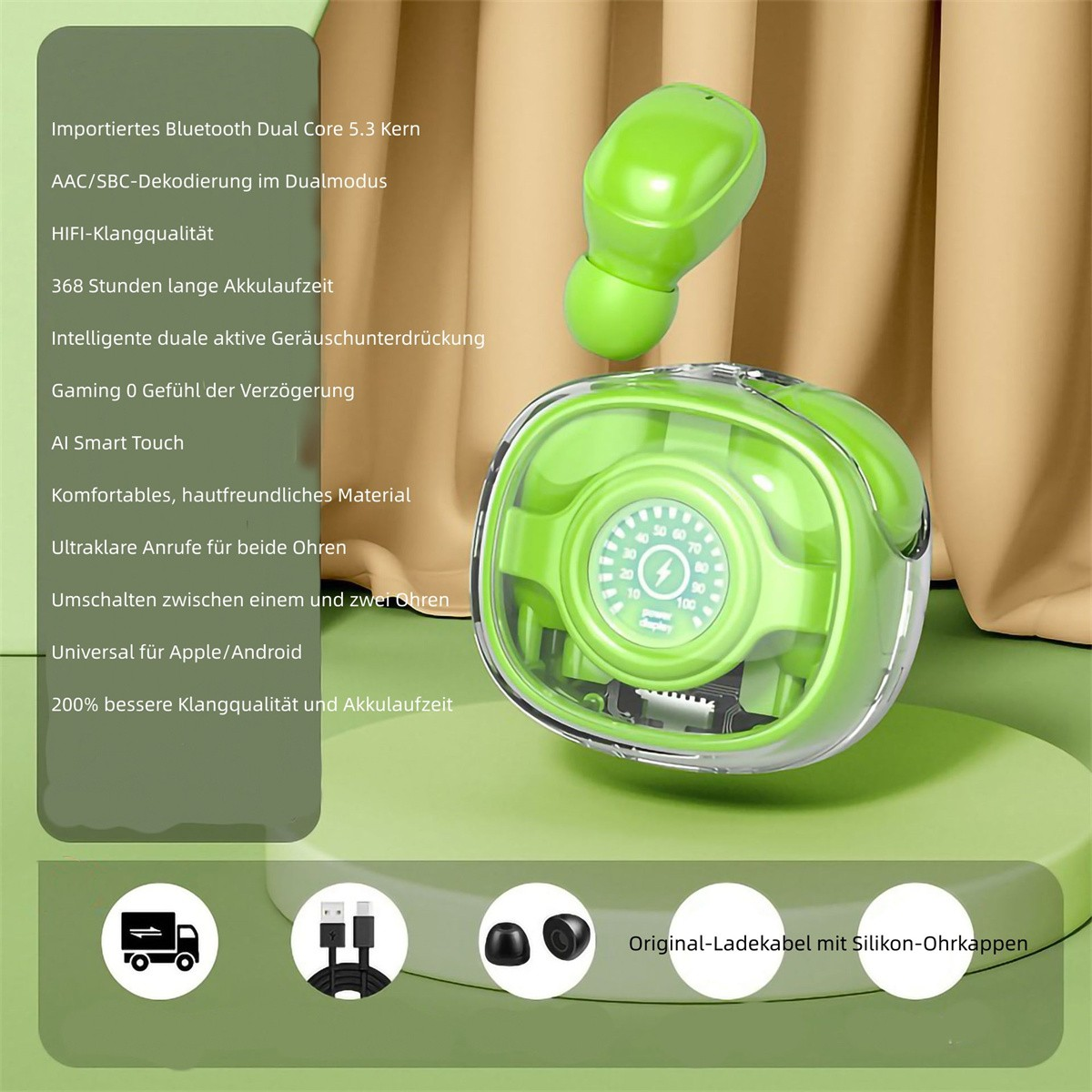 ENBAOXIN In-Ear Kopfhörer Geräuschunterdrückung, intelligente In-ear automatische Kopfhörer HiFi - Bluetooth grün Sound, Bluetooth Bluetooth