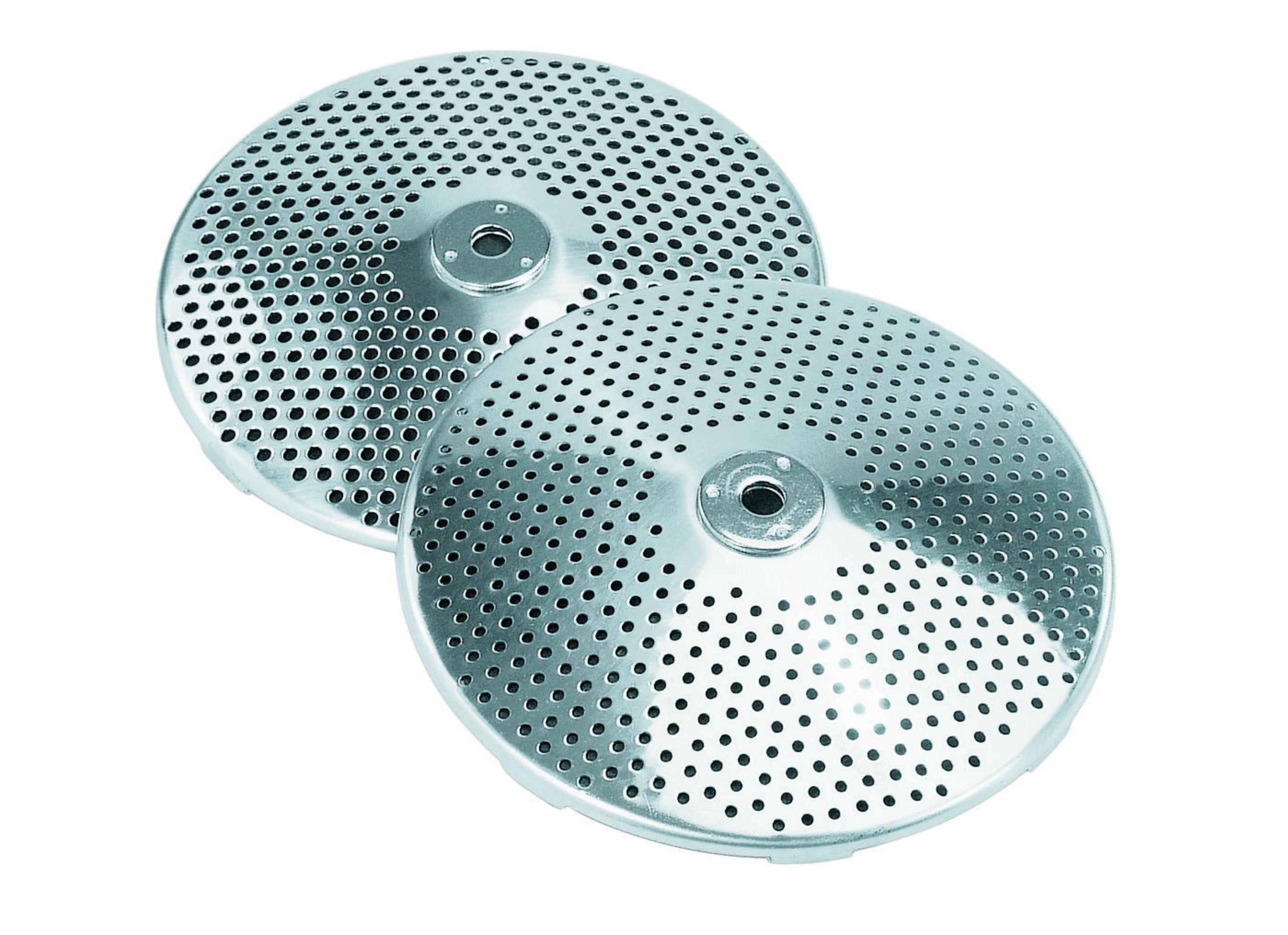 Zwei silberne, runde Metallplatten mit vielen kleinen Löchern, vor weißem Hintergrund.
