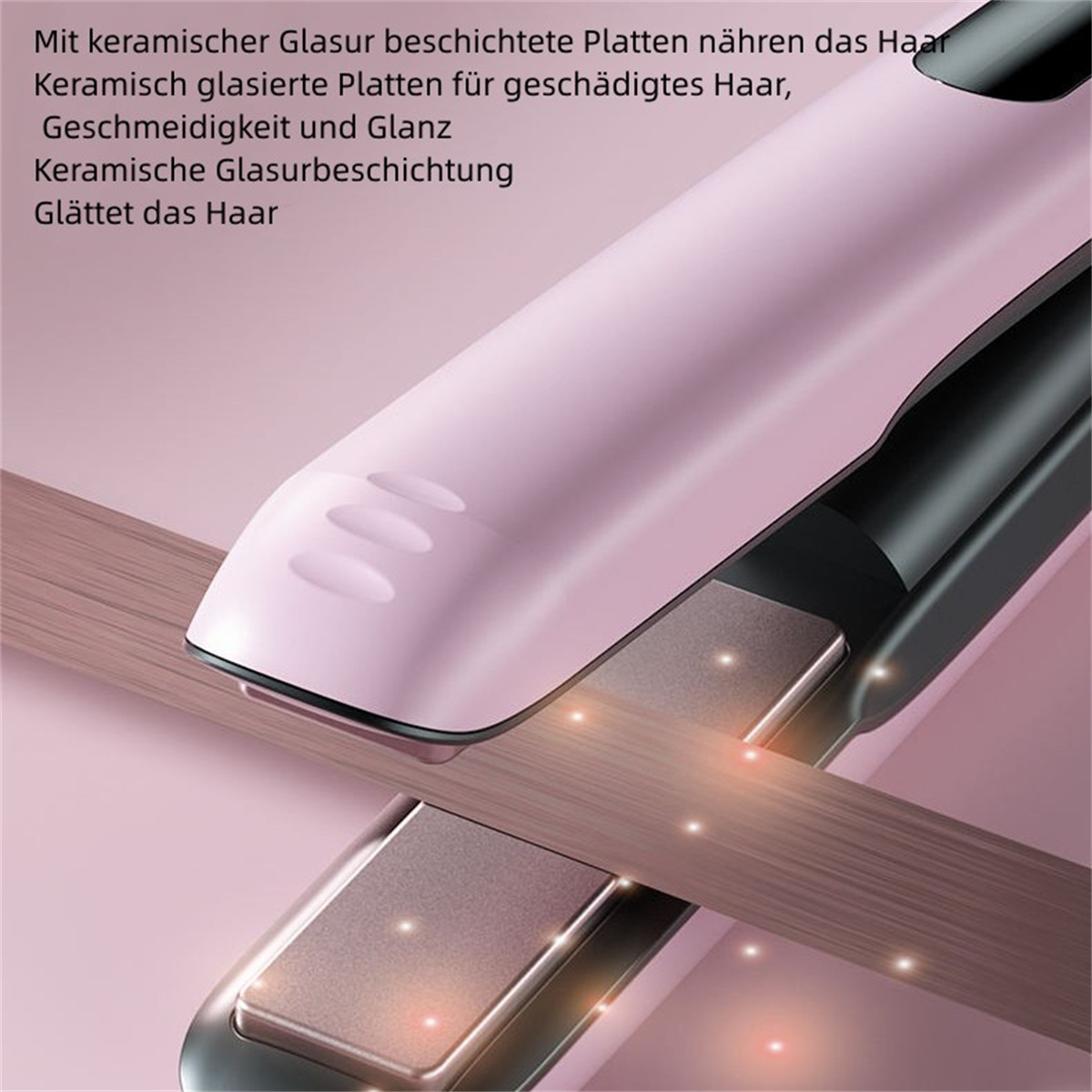 Ein rosa-schwarzer Haarglätter mit Keramikplatten und glättendem Haar wird gezeigt.