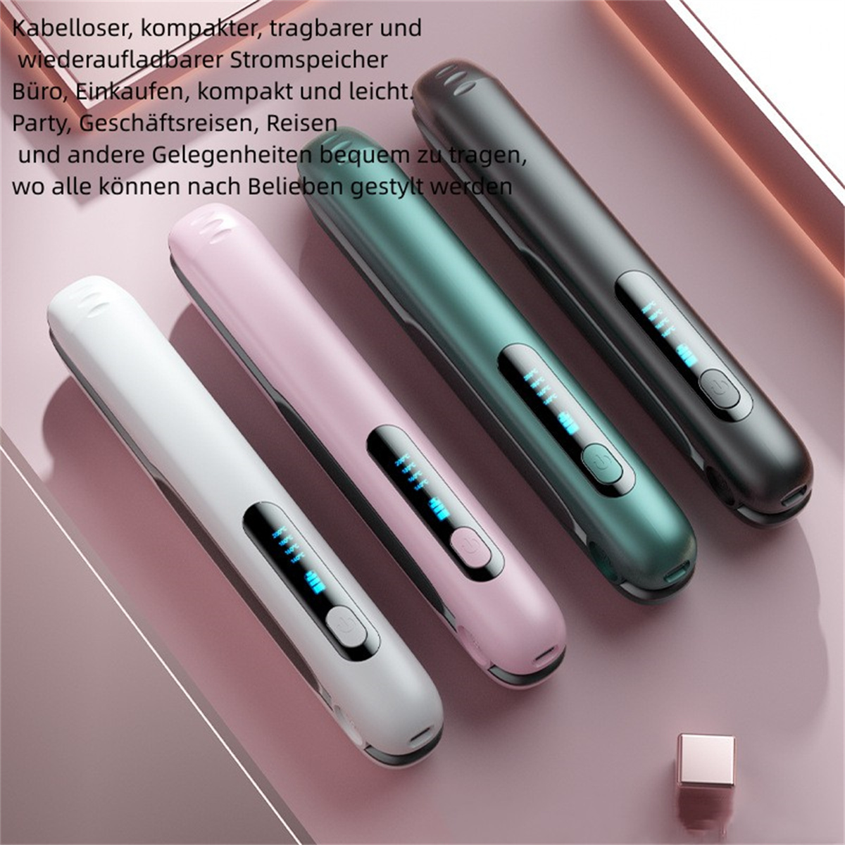 Vier farbige Stifte. Pink, grün, schwarz und weiß. Alle haben ein schlankes, modernes Design.