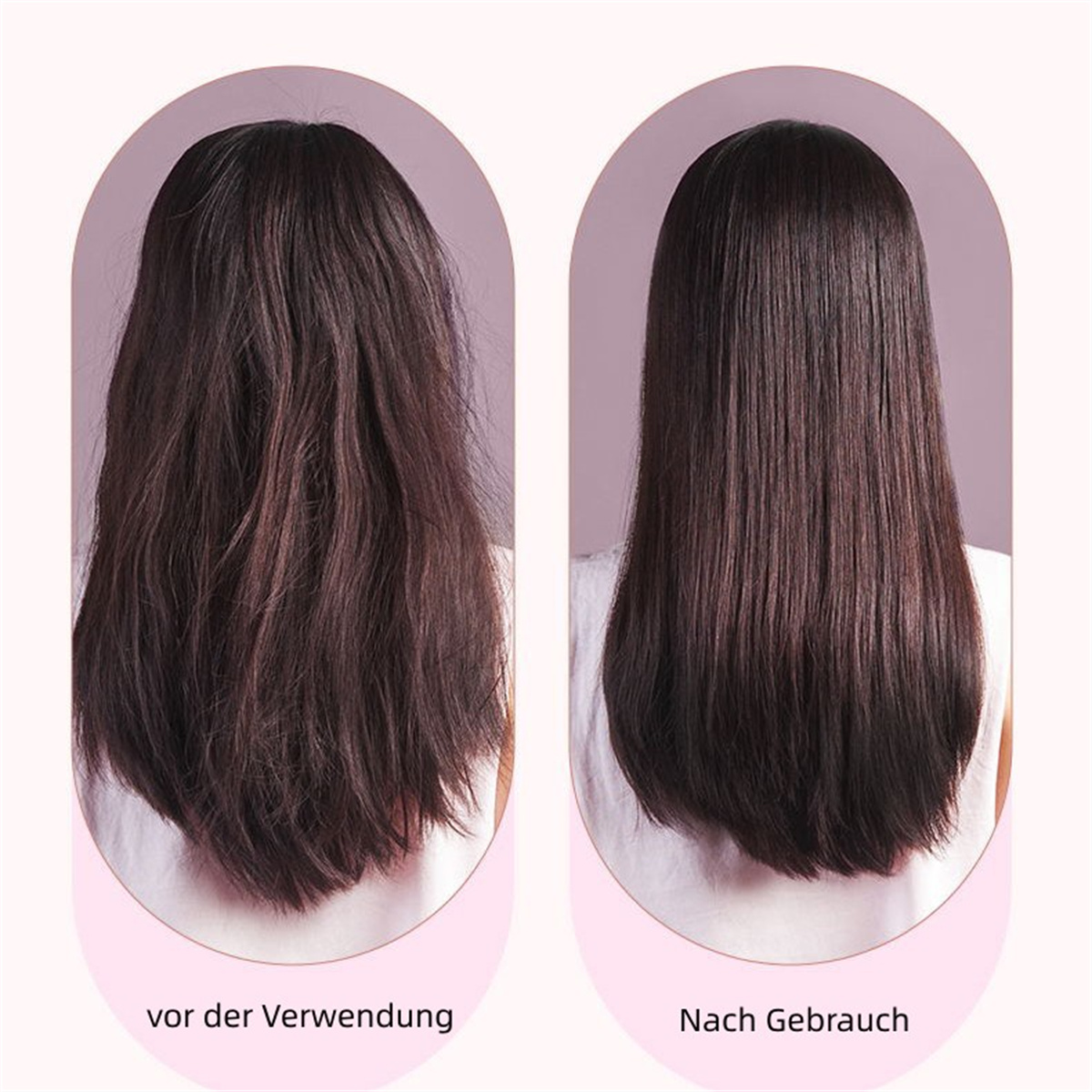Zwei Bilder zeigen Haare vor und nach der Anwendung. Vorher krauses Haar, nachher glattes Haar.