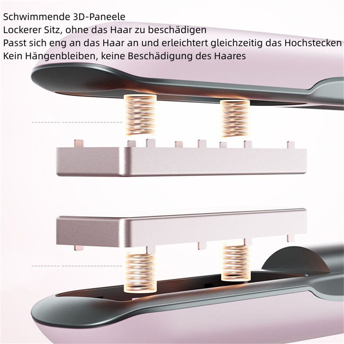 Pinker Haarglätter. Die Platten sind durch Federn getrennt. Weißer Hintergrund.
