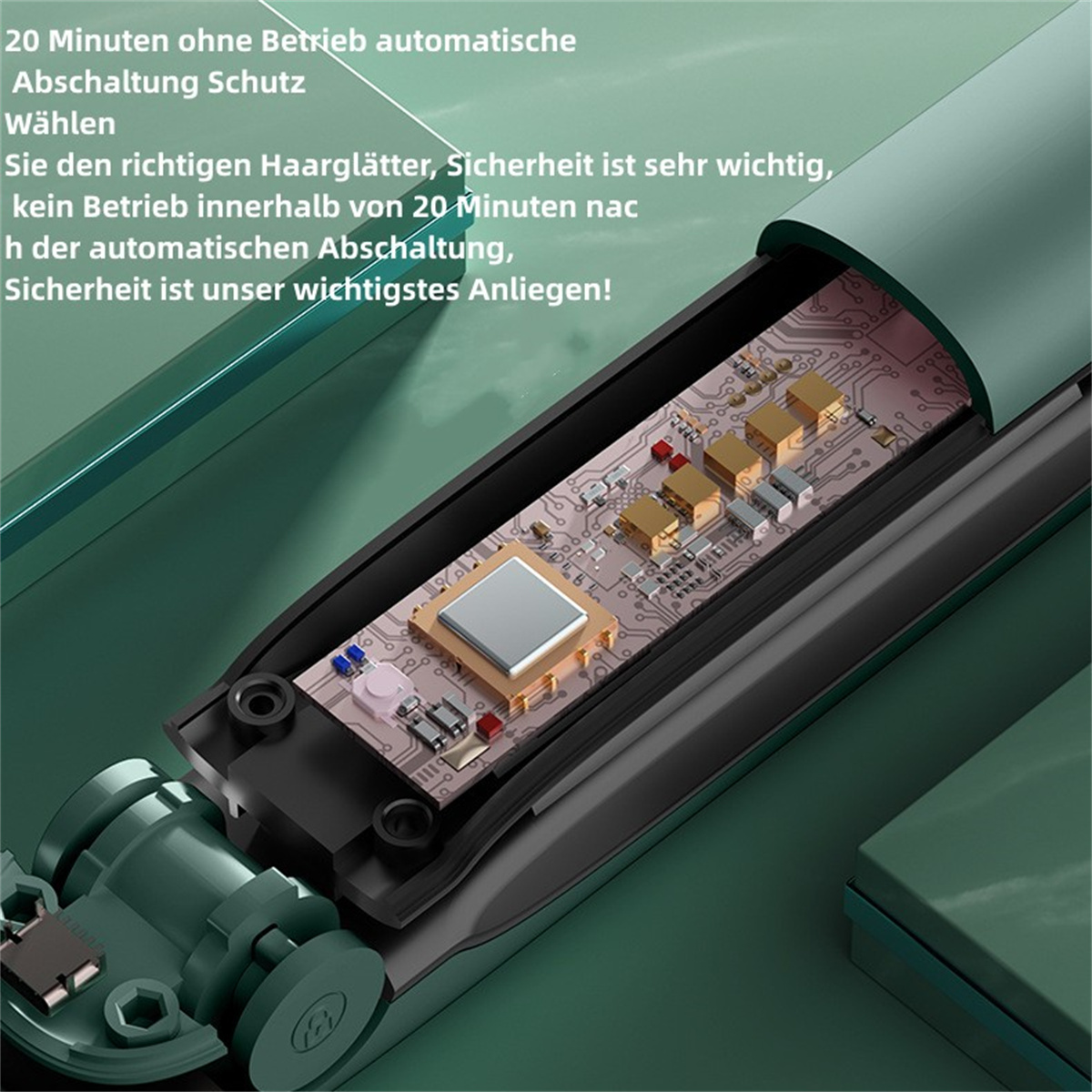 Ein Haarglätter mit freiliegenden Komponenten wird gezeigt.