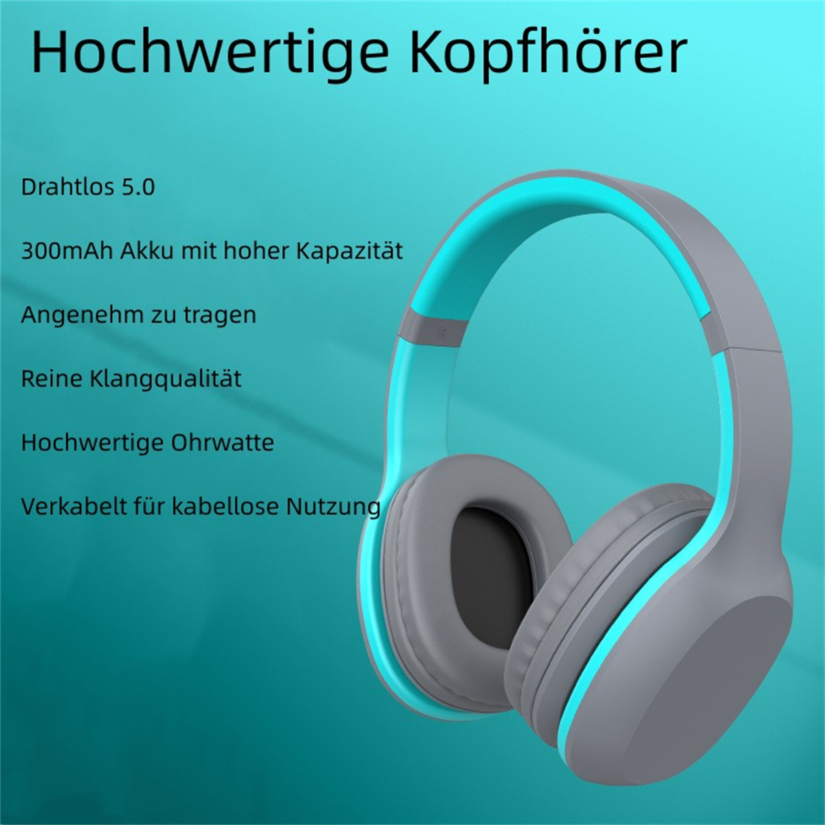 Graue Kopfhörer mit türkisfarbenen Akzenten. Text: 'Hochwertige Kopfhörer' und Details.