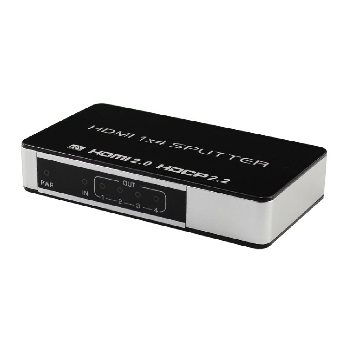Black HDMI splitter with multiple ports, labeled with white text on a black background.