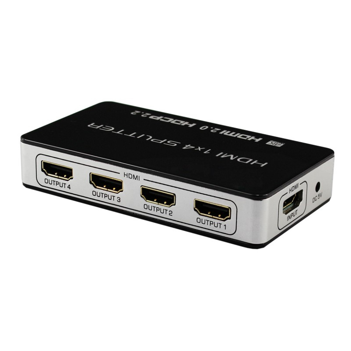 A black HDMI 1x4 splitter displays ports for input and output, labeled with text.