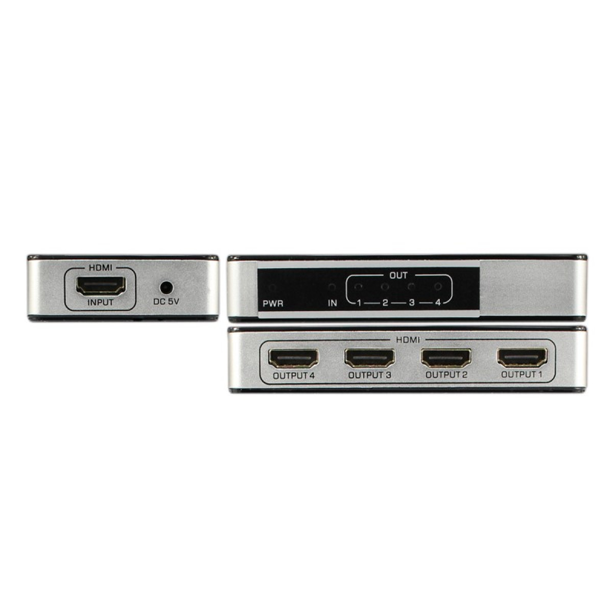 Silver HDMI splitter with multiple ports. A single input and four output ports are visible.