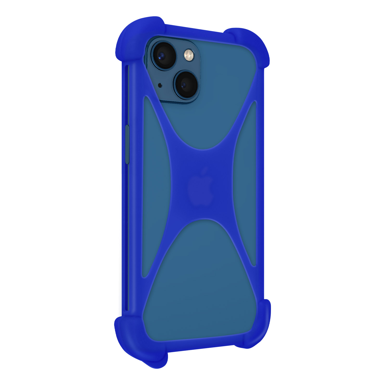 Eine blaue Handyhülle mit blauem Design. Das Apple-Logo ist sichtbar.