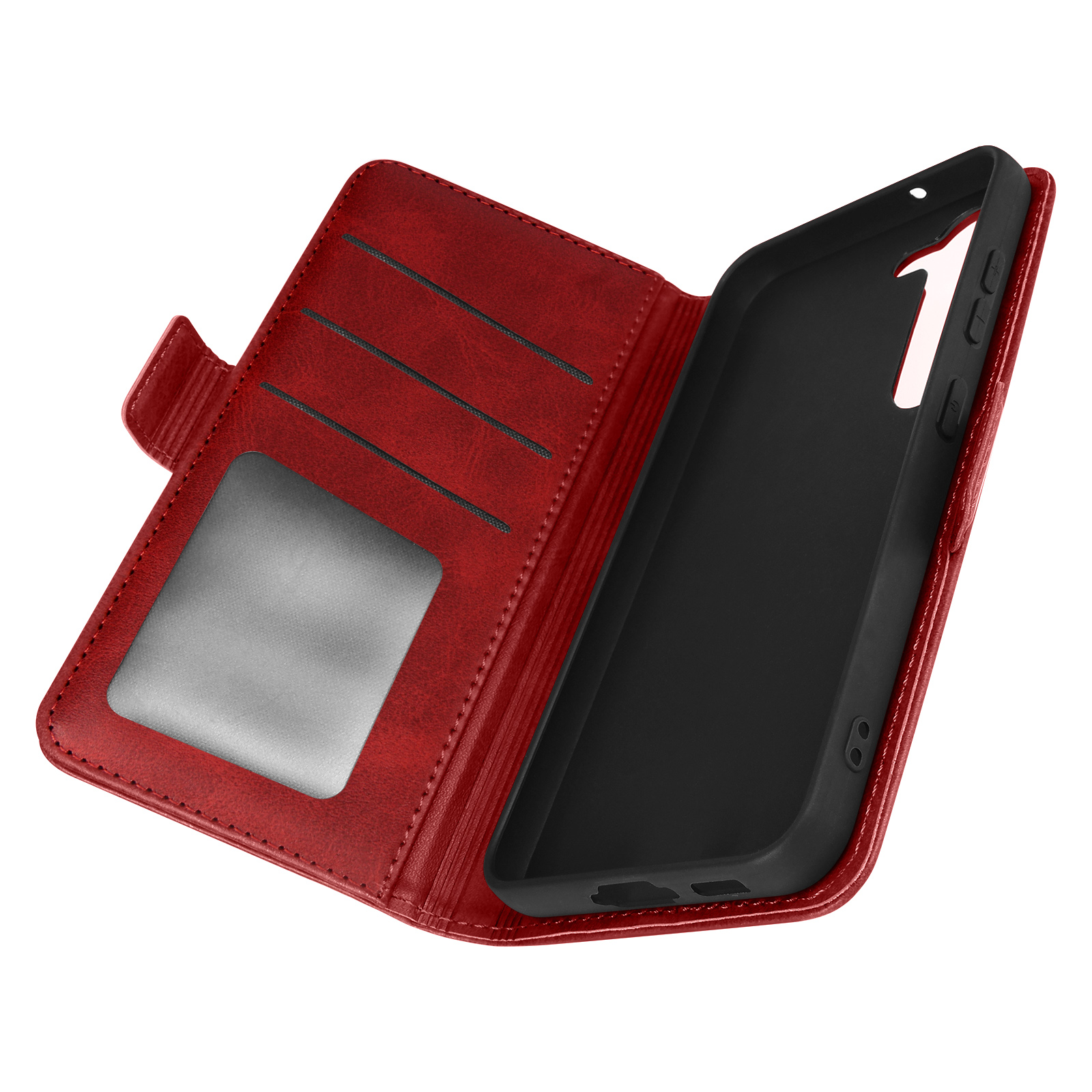 Una custodia per telefono in pelle rossa aperta con scomparti per carte e un telefono nero all'interno.