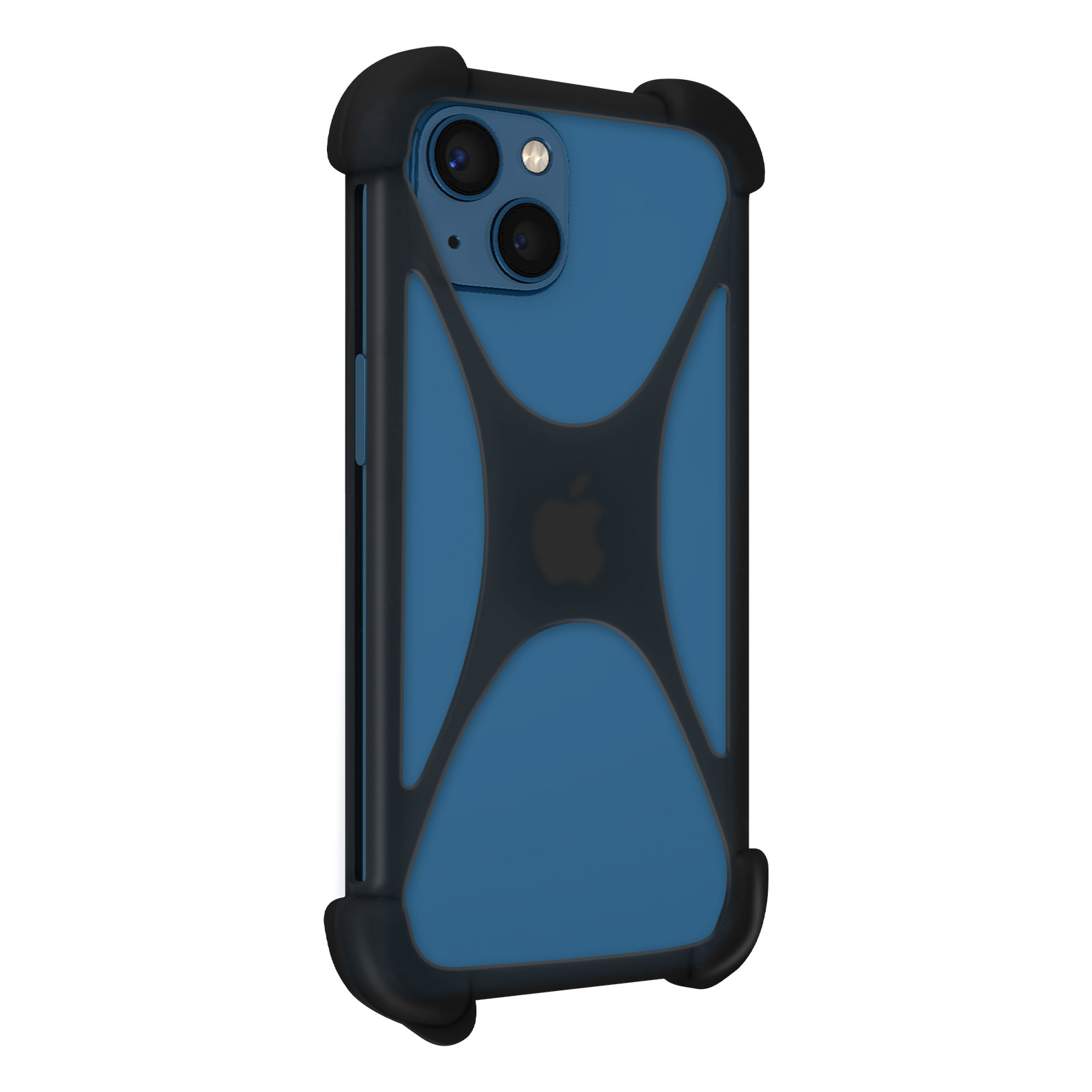 Ein blaues Telefon mit einer schwarzen Hülle. Die Hülle hat schwarze Ränder und ein schwarzes X-Design auf der Rückseite.