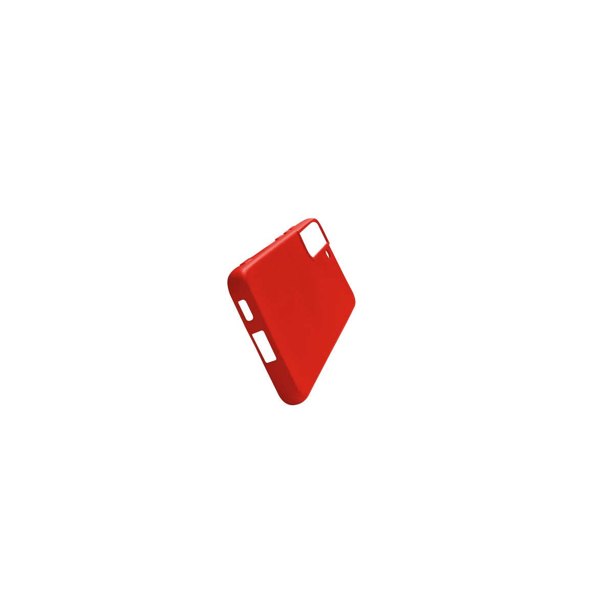Eine rote Handyhülle auf weißem Hintergrund. Abgewinkelte Ansicht.