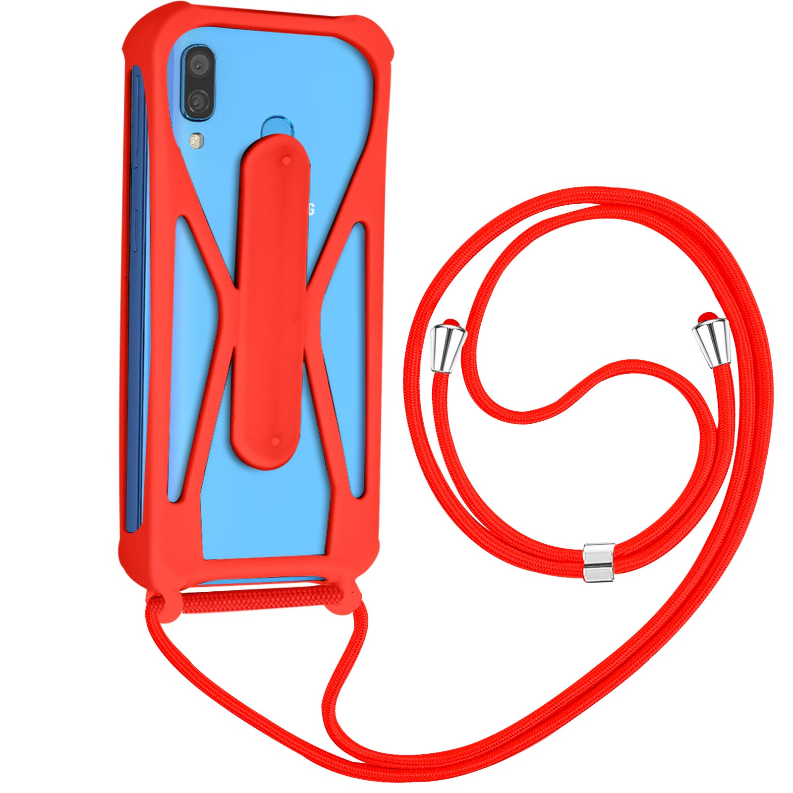 Custodia rossa per telefono con cordino rosso. Un telefono blu è all'interno della custodia.