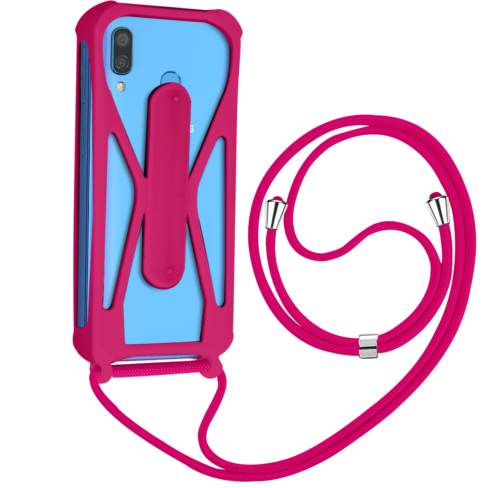Una custodia rosa per telefono con cordino. Il telefono è blu dentro.
