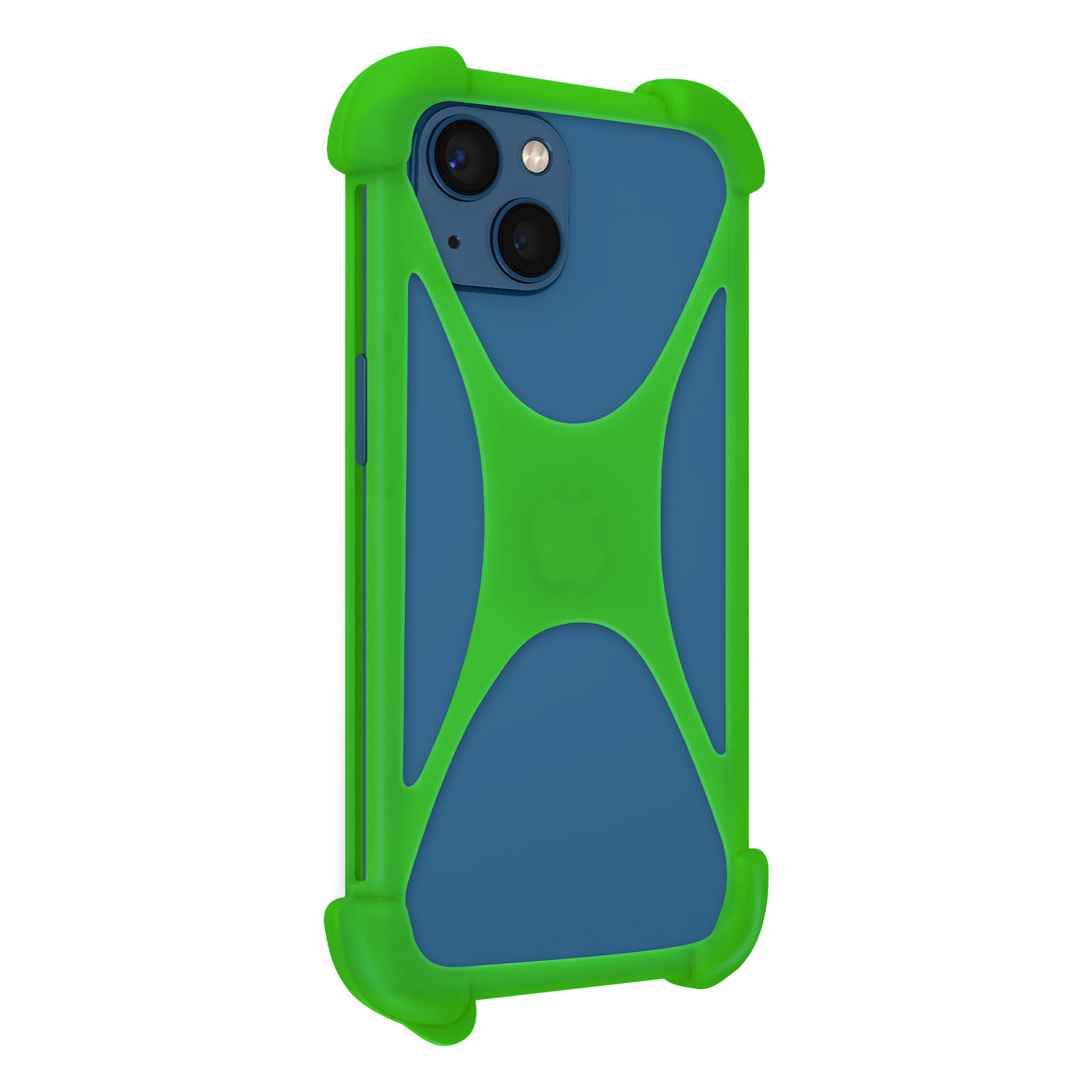 Custodia blu per iPhone con cornice verde e design a croce verde. Il logo Apple è visibile sul retro.