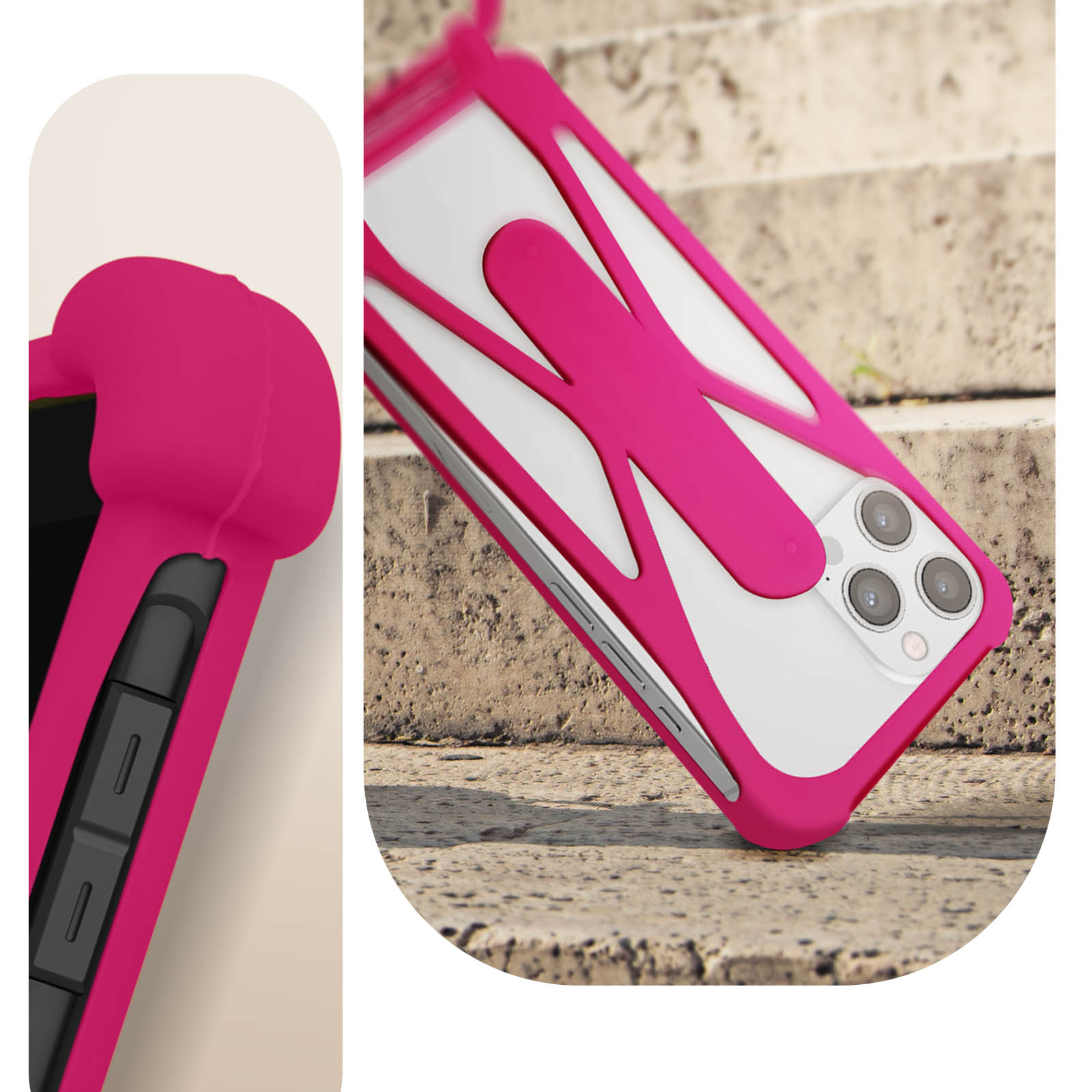 Un primo piano di una custodia rosa per telefono su delle scale. La custodia avvolge un telefono bianco con tre fotocamere.