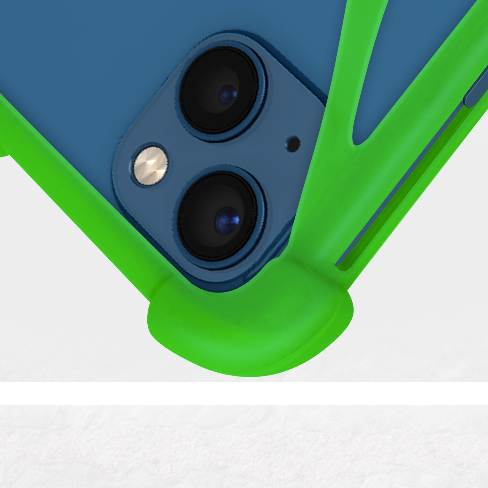 Primo piano di un telefono blu con una custodia verde, che mostra parte del telefono e della custodia.