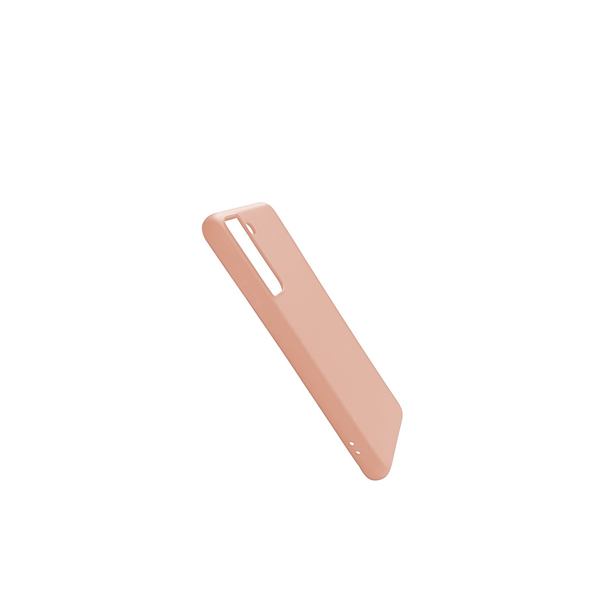 Pfirsichfarbene Handyhülle, leicht angewinkelt. Einfaches Design. Weißer Hintergrund.