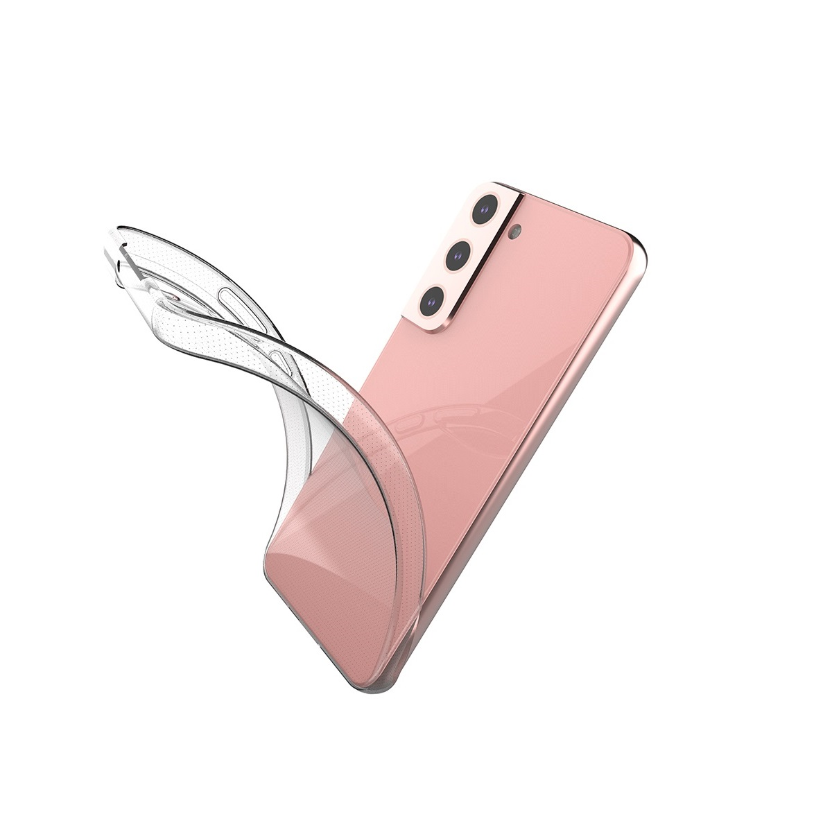 Ein rosa Telefon mit transparentem Gehäuse. Das Telefon hat drei Kameras und ist nach rechts geneigt.