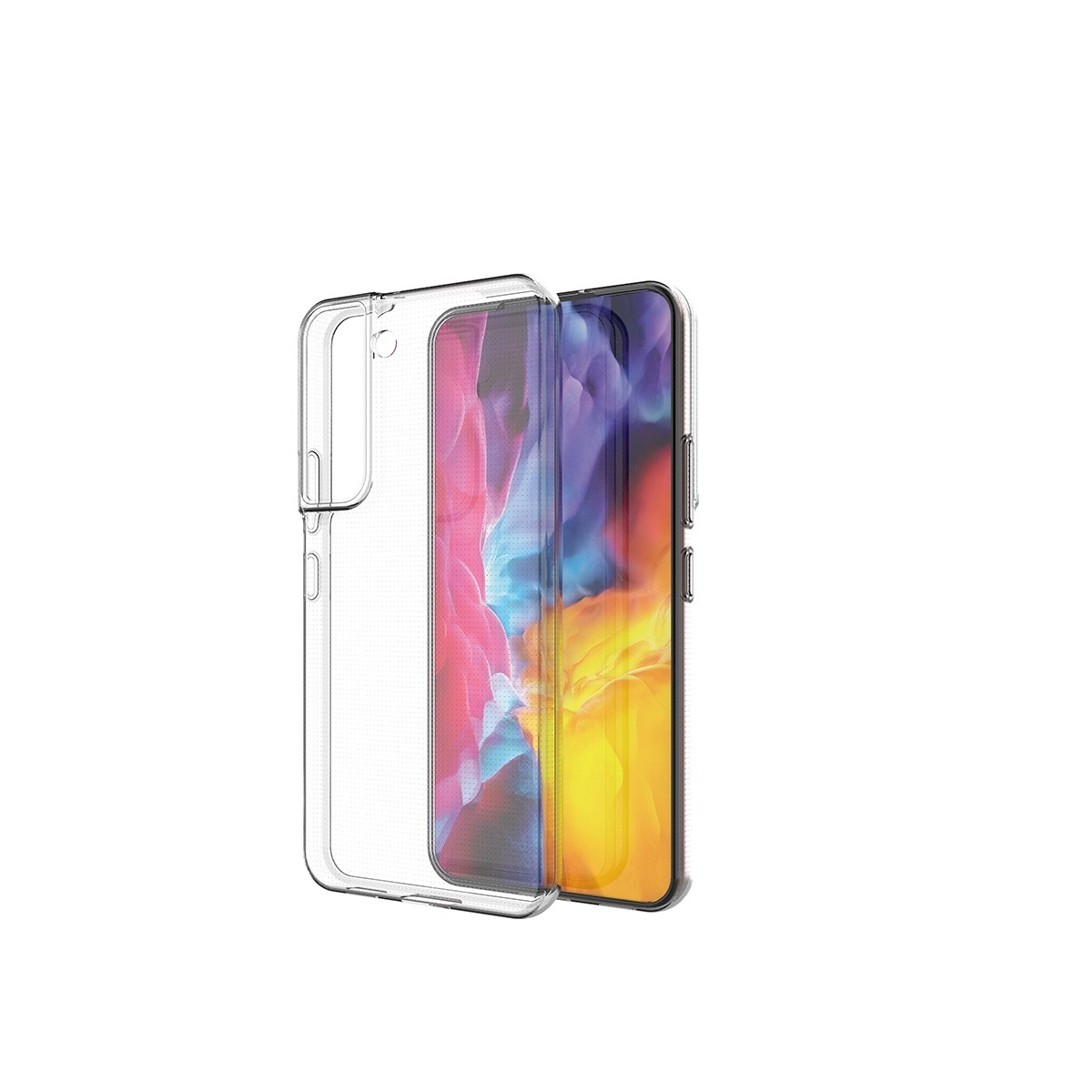 Transparente Handyhülle neben einem Handy. Das Handy zeigt ein farbenfrohes abstraktes Bild auf dem Bildschirm.
