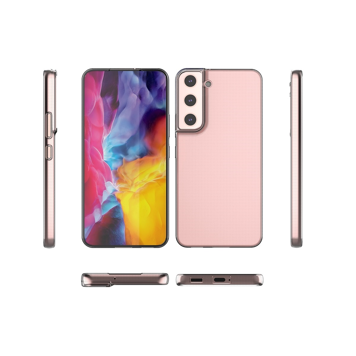Eine rosa Handyhülle vor weißem Hintergrund. Zeigt verschiedene Ansichten eines Smartphones.
