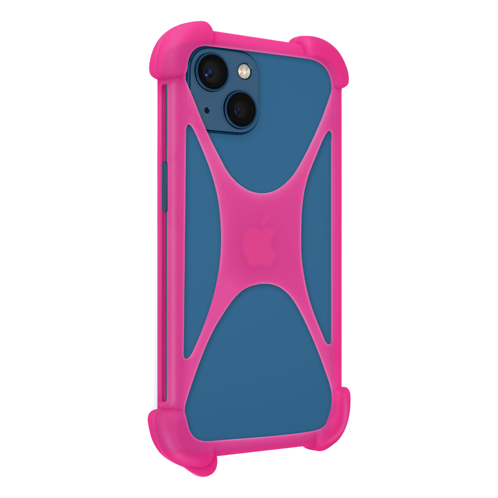 Custodia rosa con telefono blu all'interno e un cinturino rosa a forma di X.