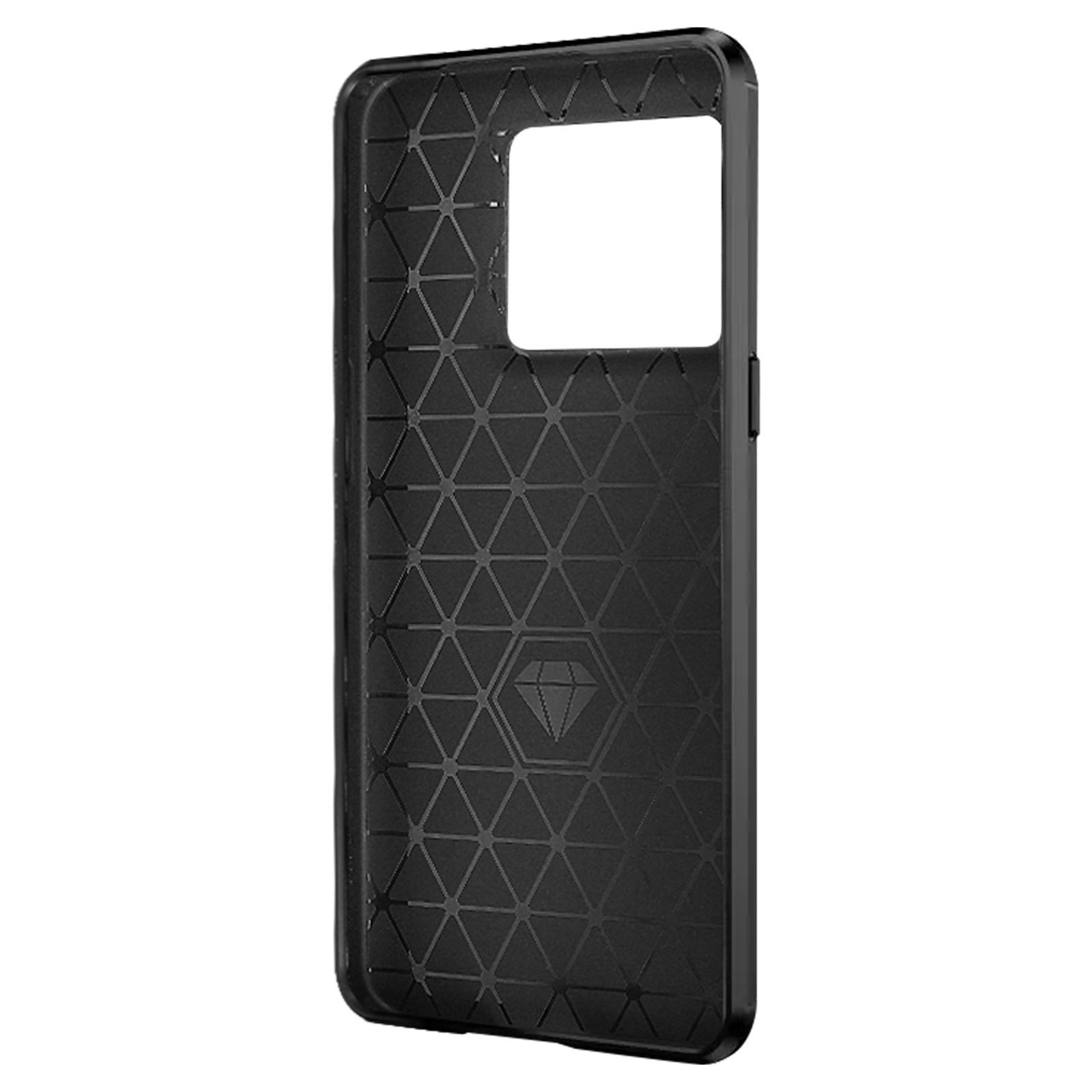 Eine schwarze Handyhülle mit strukturiertem Muster. Es hat ein rautenförmiges Design.