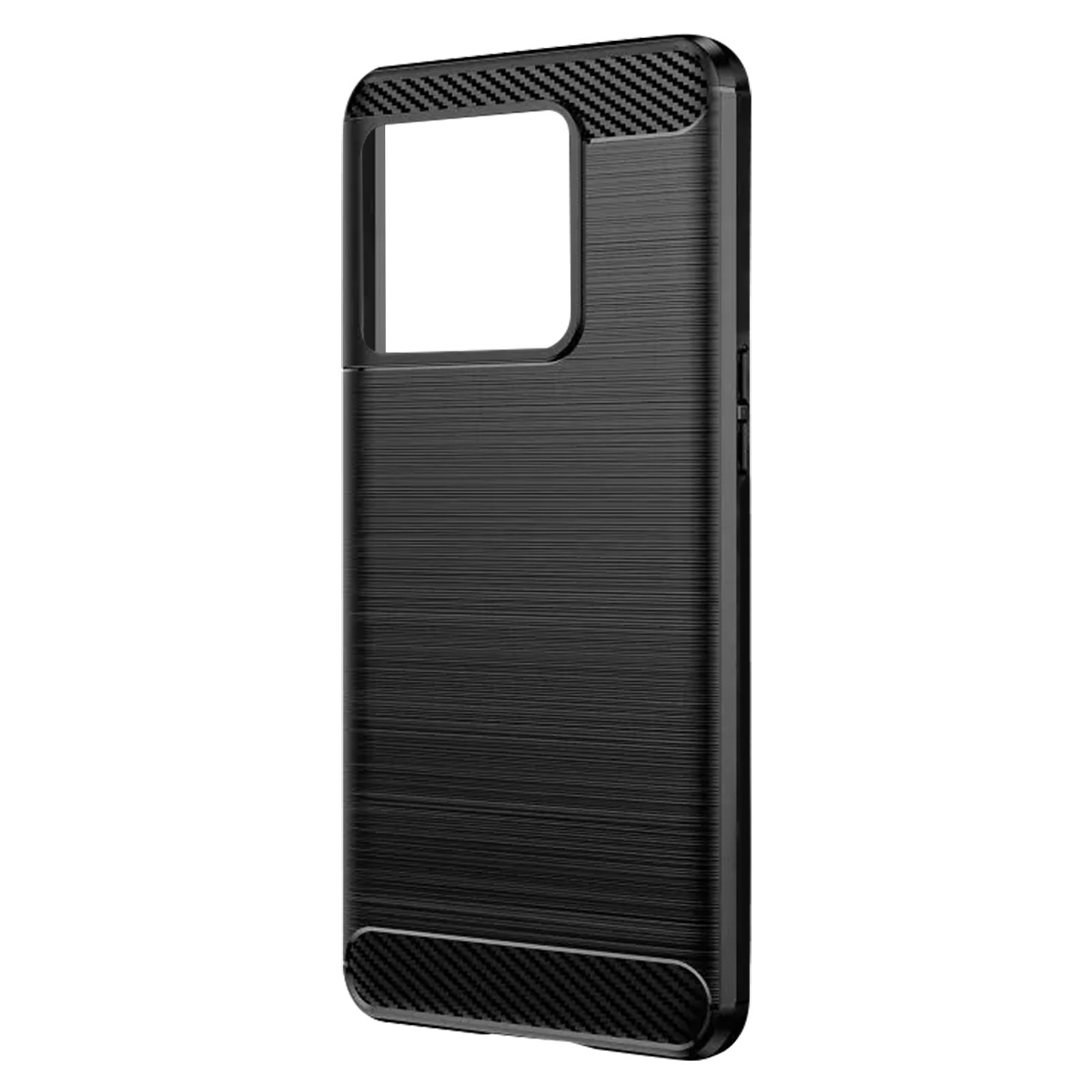 Schwarze Handyhülle mit strukturiertem Carbonfaser-Design auf der Rückseite. Schwarzer Rahmen.