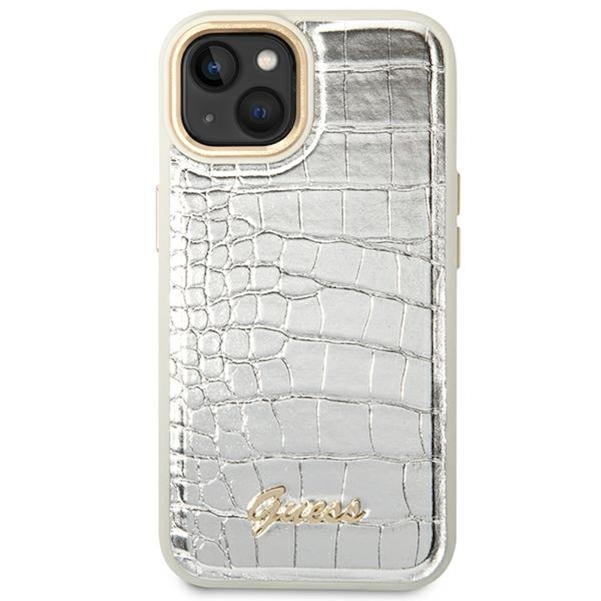 Silberne iPhone-Hülle mit Krokodilhautmuster, goldenen Akzenten und dem Guess-Logo.
