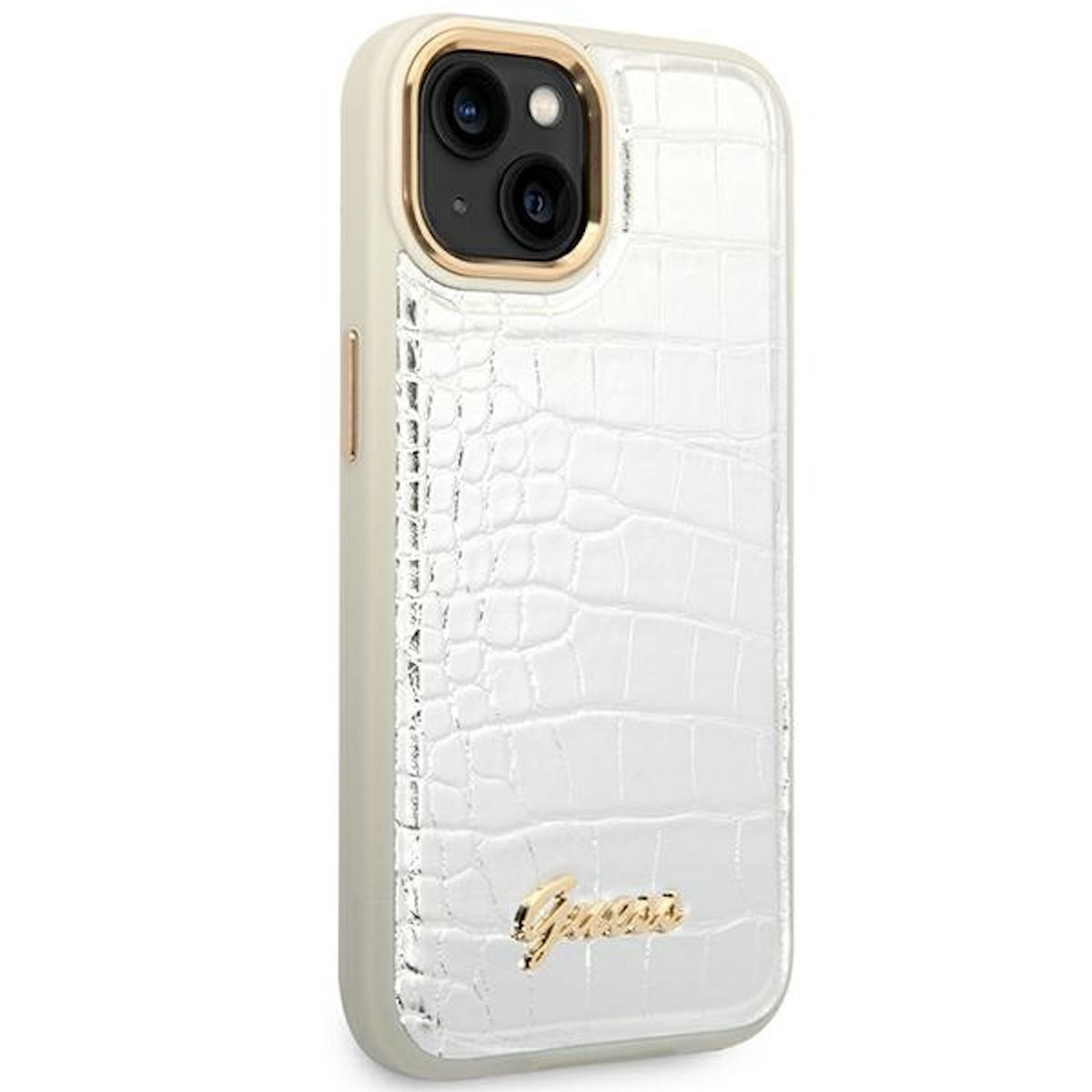 Weißes iPhone-Case mit Kroko-Haut-Textur, goldenem Guess-Logo und goldenem Kameraring.