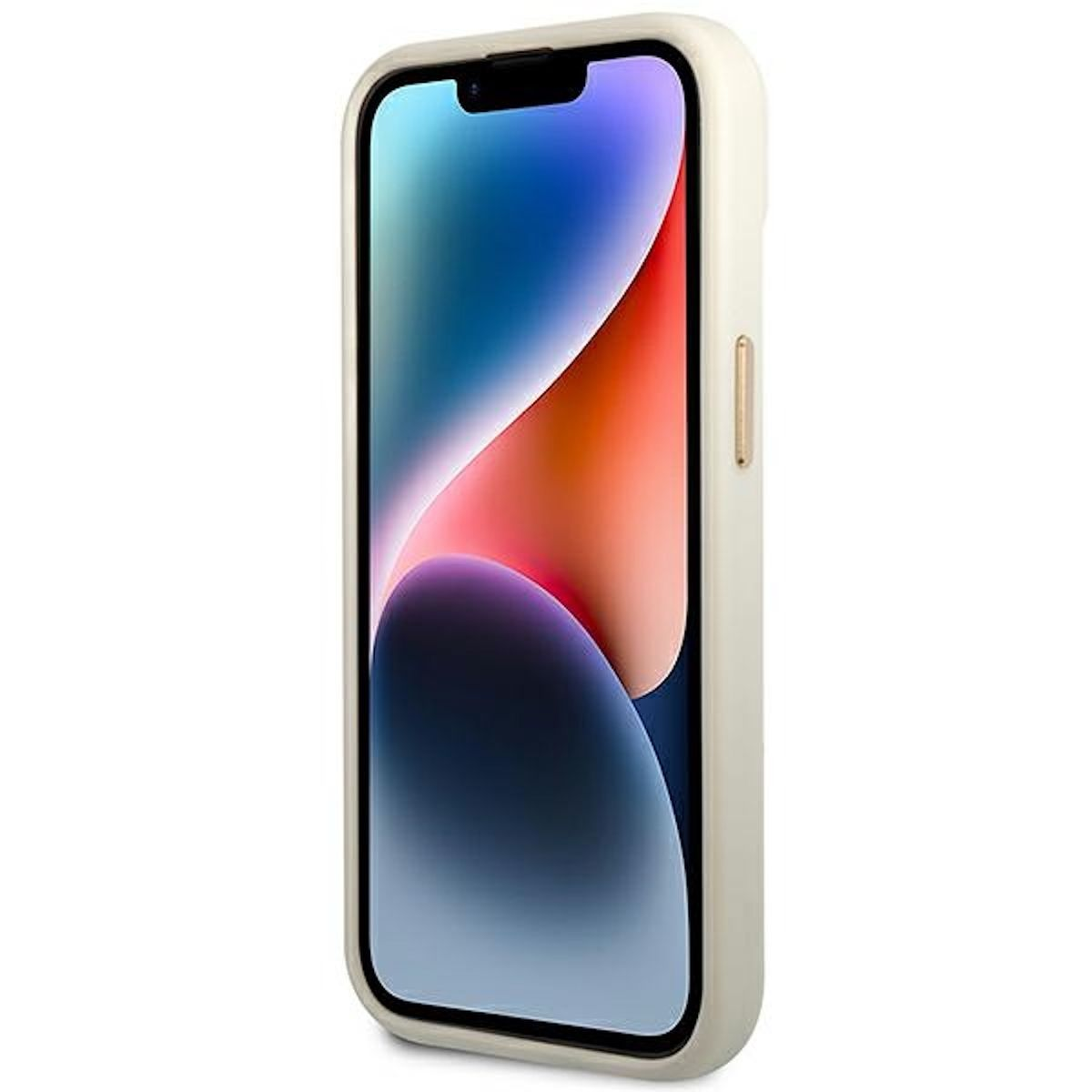 Weißes Telefongehäuse mit Telefon. Der Bildschirm zeigt ein farbenfrohes, abstraktes Bild.
