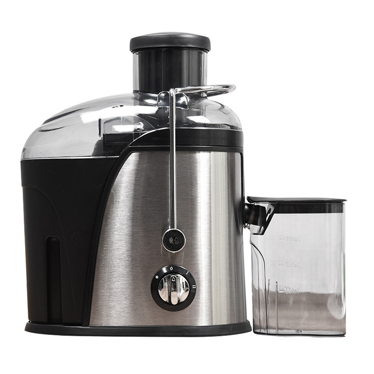 Exprimidor plateado y negro con partes de plástico transparente. Tiene un asa y un recipiente para zumo.