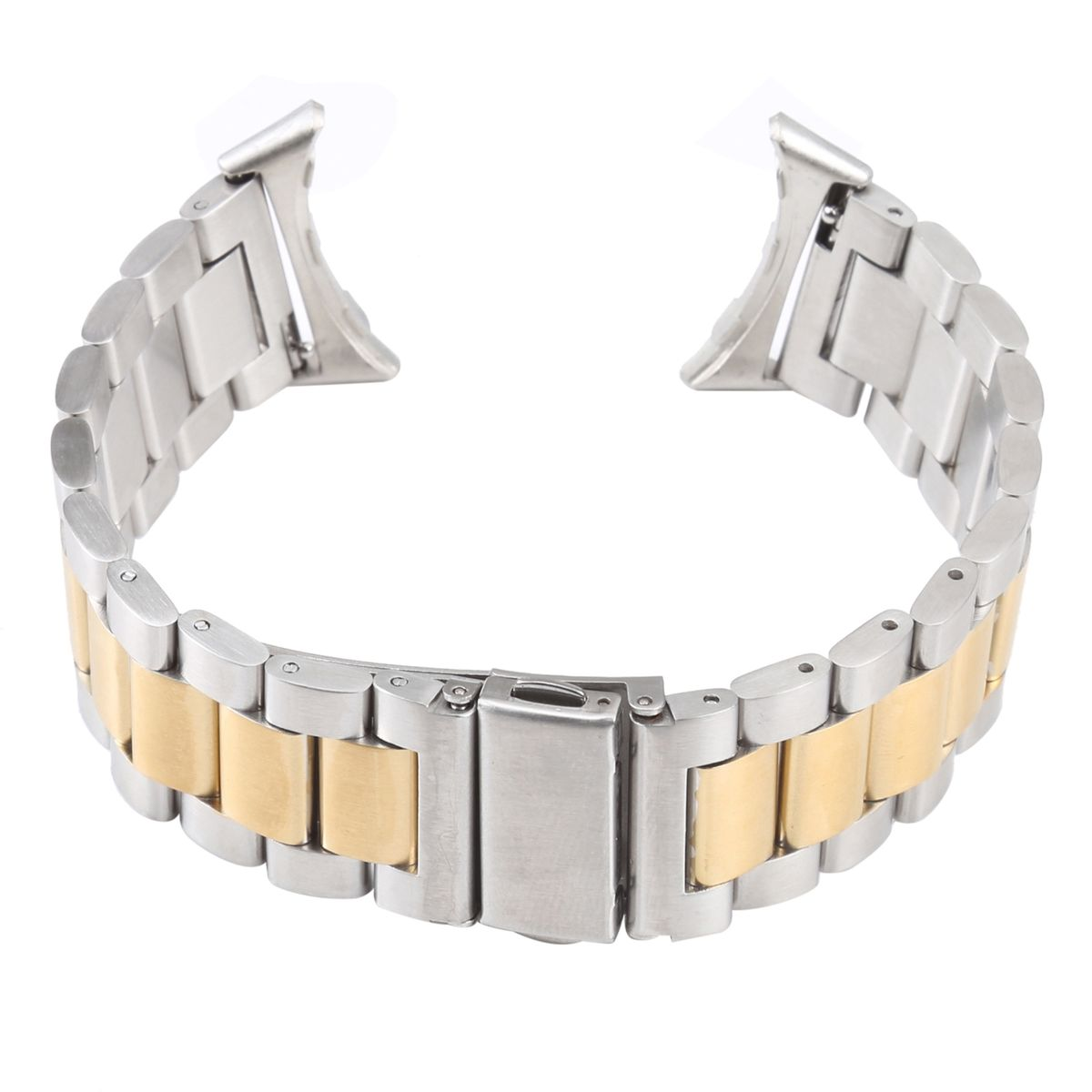 Silbernes und goldenes Uhrenarmband mit Verschluss. Weißer Hintergrund.