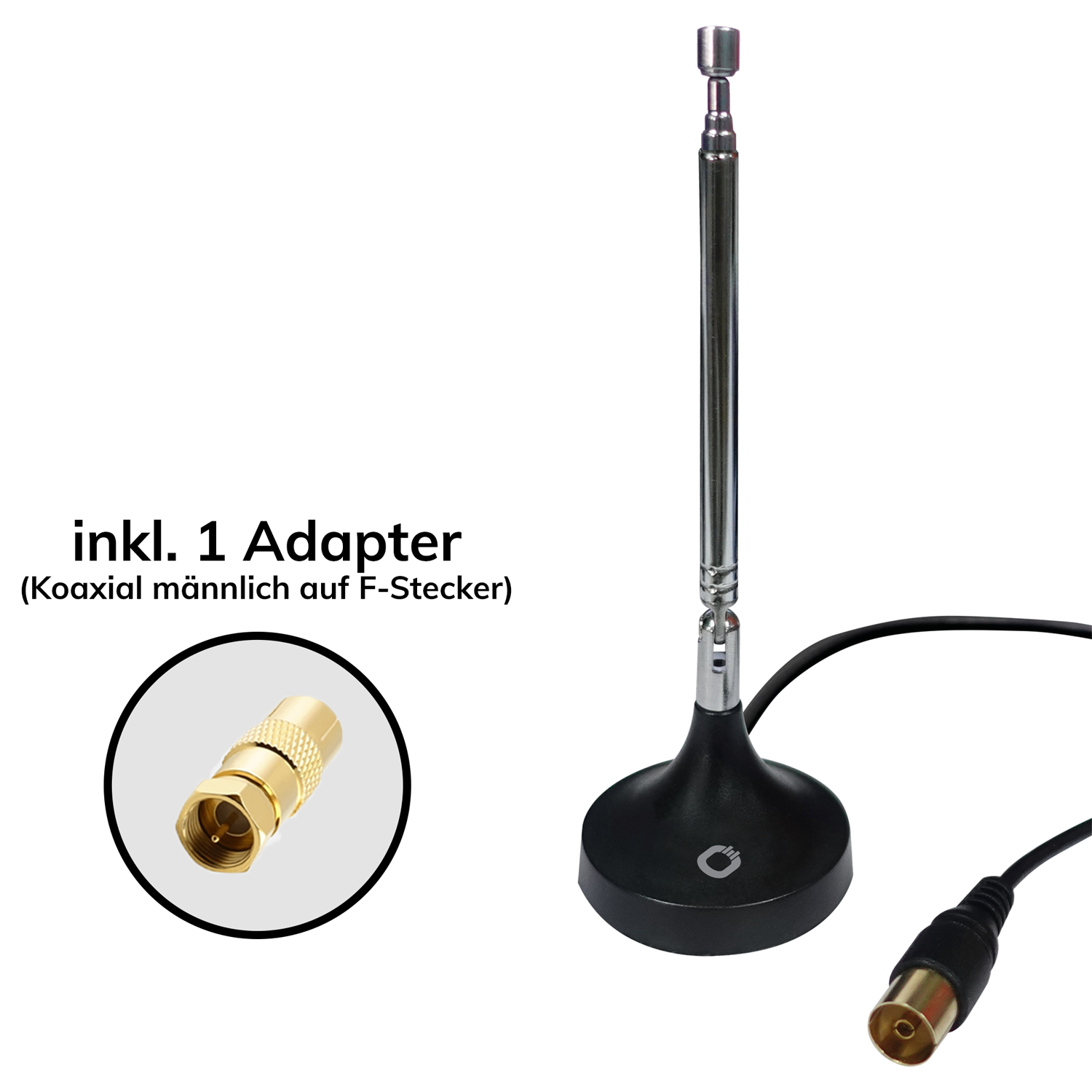 Antenna con adattatore. L'antenna è nera e argento. L'adattatore è dorato.