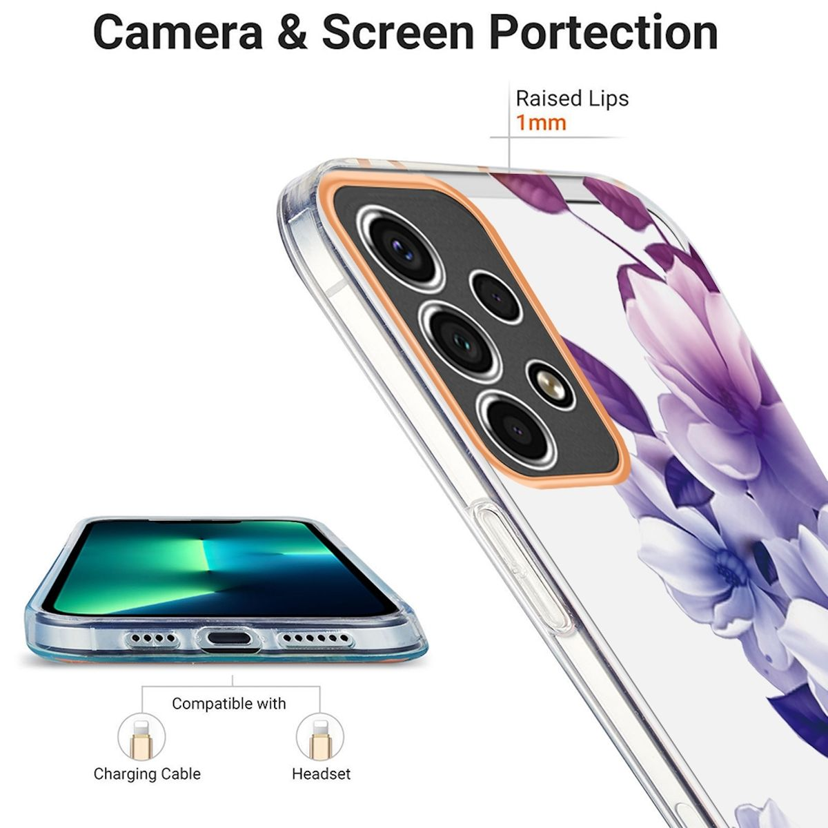 WIGENTO TPU Robust Galaxy Ring Transparent Silikon dünn Backcover, Samsung, A53 Flower Motiv, mit 5G, Hülle Druck mit