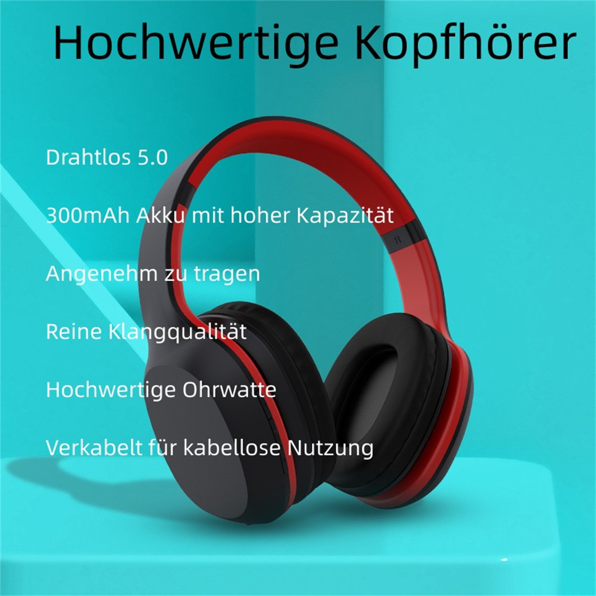 Rote und schwarze Kopfhörer mit Text auf Deutsch. Die Kopfhörer befinden sich auf blauem Hintergrund.