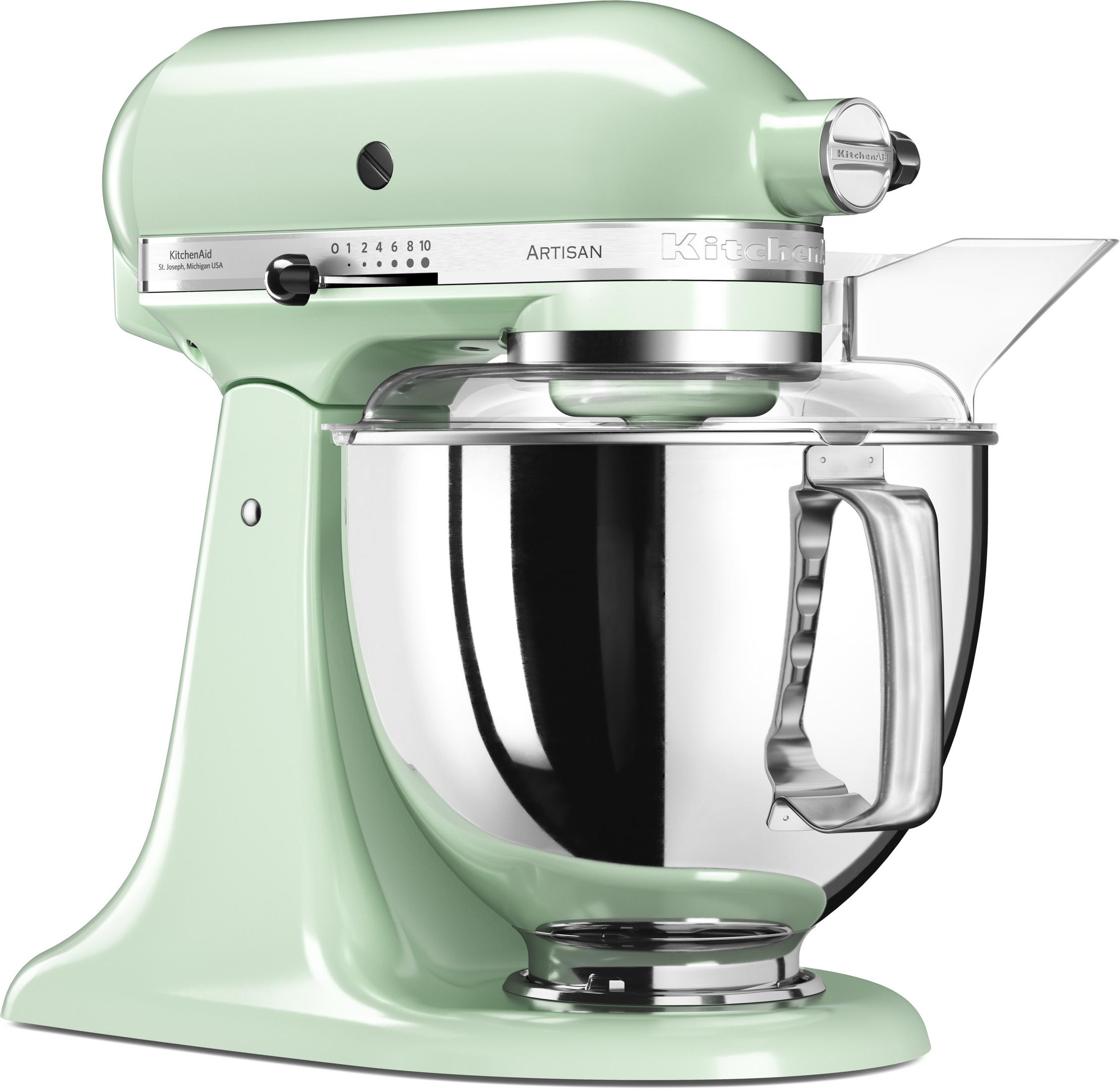 Ein hellgrüner KitchenAid-Küchenmixer mit einer Edelstahlschüssel und einem durchsichtigen Kunststoffschutz.