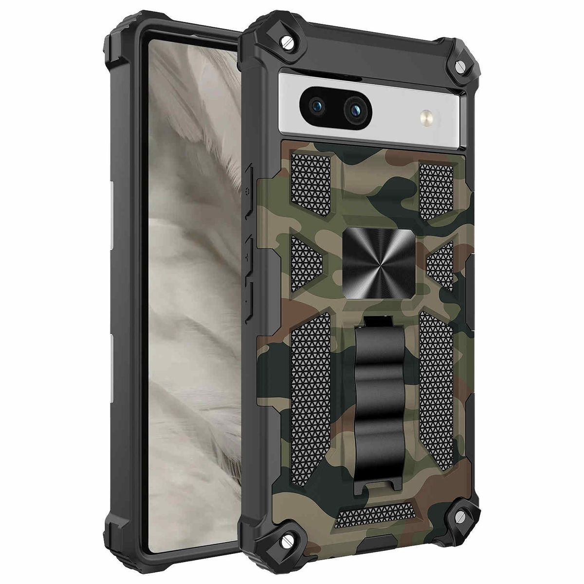 Google, Grün Military WIGENTO Shockproof Pixel 7a, aufstellbar, Magnet Camouflage Backcover, Hülle Armor