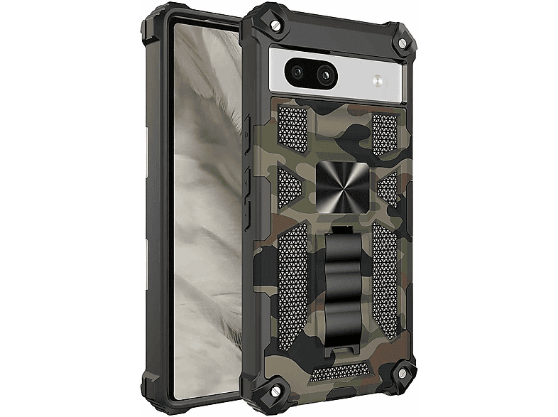 WIGENTO Camouflage Shockproof Armor Military Magnet Hülle aufstellbar, Backcover, Google, Pixel 7a, Grün | Backcover