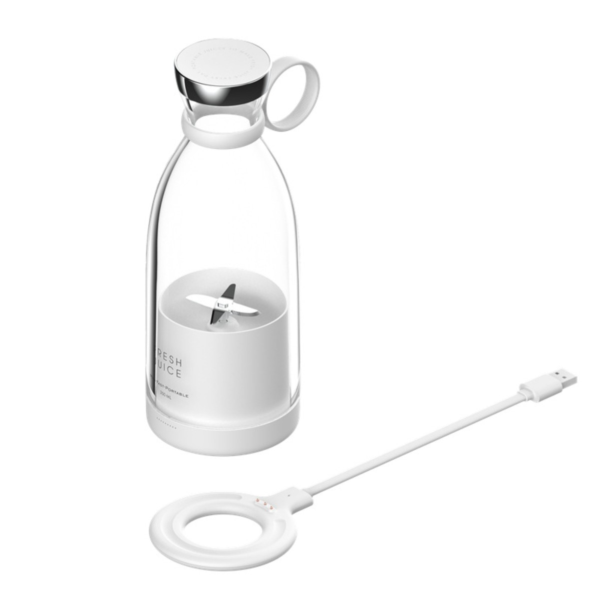 Una licuadora blanca con cable de carga USB-C y anillo de luz.