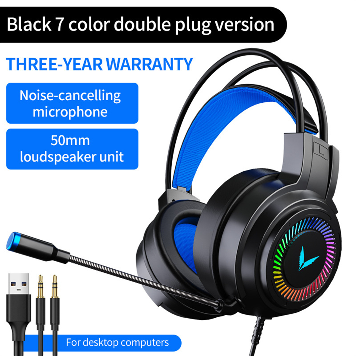 Schwarze Kopfhörer mit blauem Bügel und Mikrofon. Es gibt drei Kabel und einen USB-Anschluss.