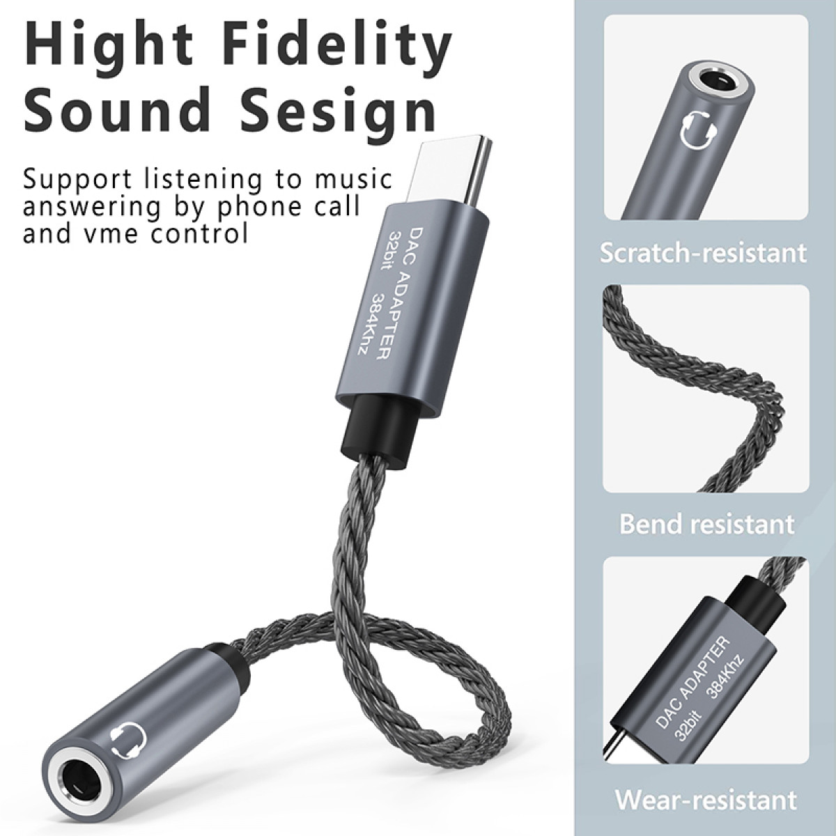 Szary adapter DAC z plecionym kablem. Dodatkowe komponenty pokazano na schemacie.