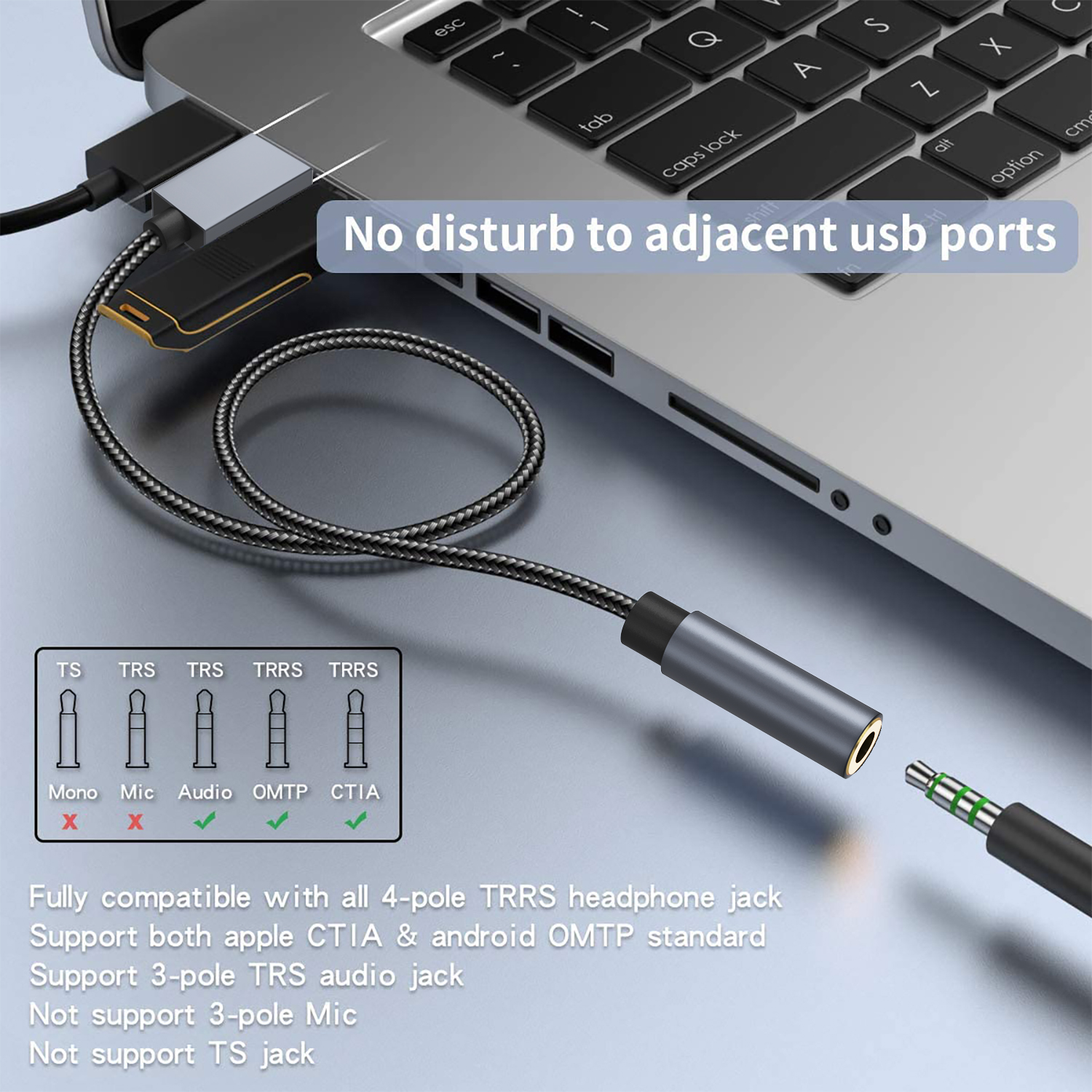 Szaro-czarny adapter audio z gniazdem 3,5 mm i złączem USB-C.