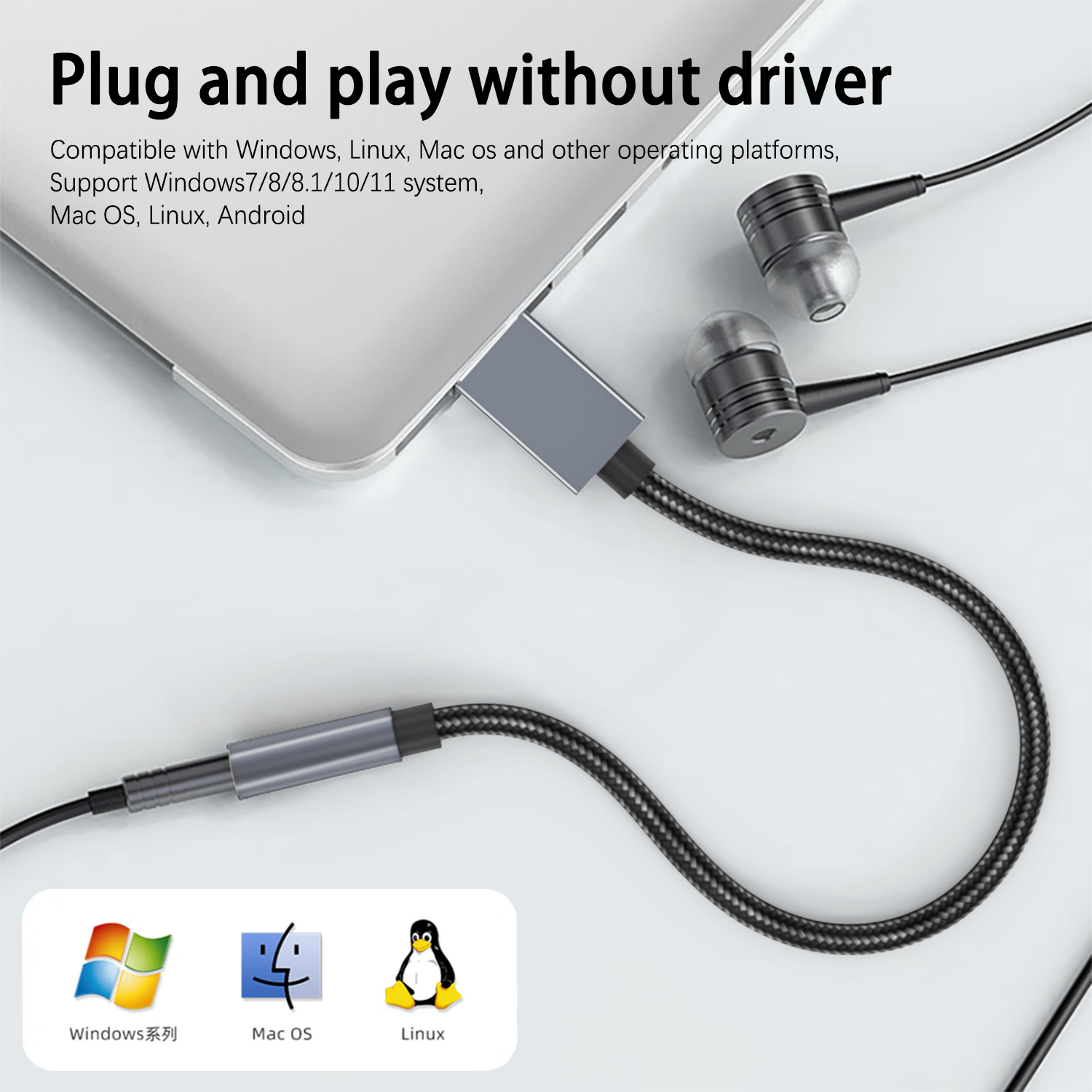 Słuchawki podłączone do adaptera USB, obok logo Windows, Mac i Linux.