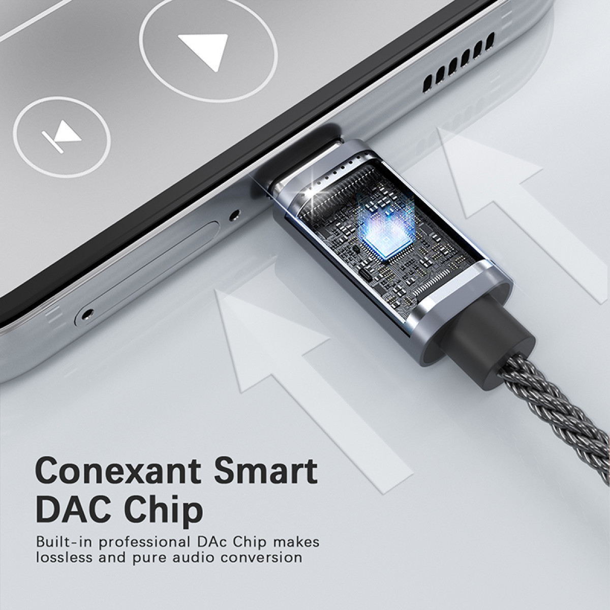 Telefon podłączony do układu DAC, pokazujący wyraźny widok elementów wewnętrznych.