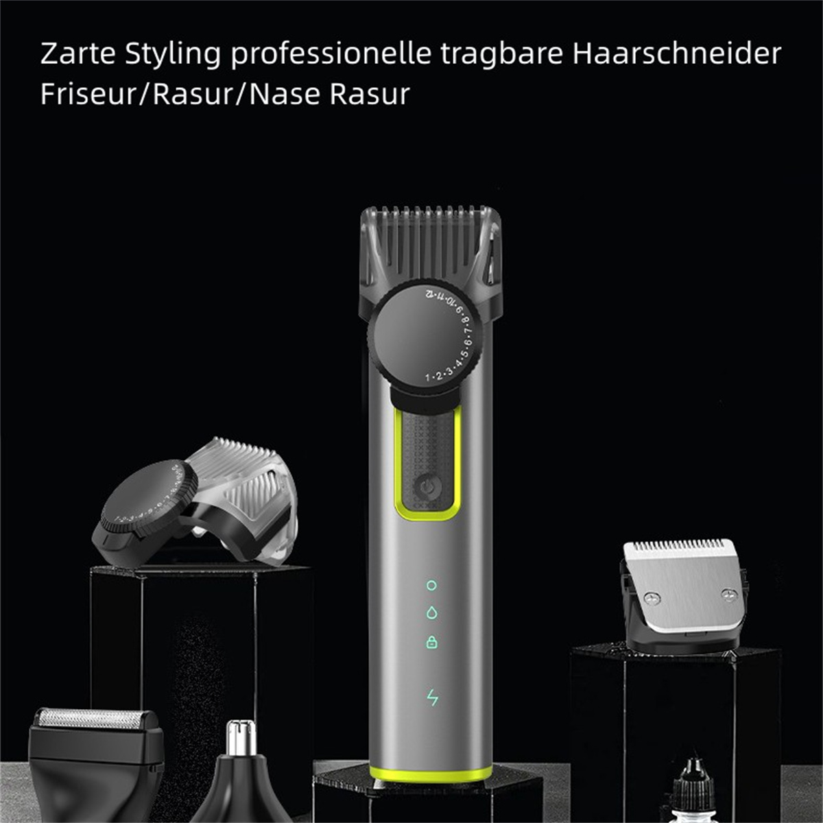 Ein silberner und grauer Haartrimmer mit mehreren Aufsätzen und einem Ein-Aus-Knopf, vor schwarzem Hintergrund.