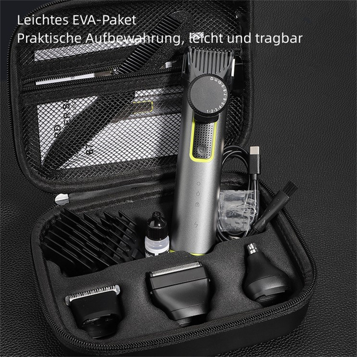 Ein Pflege-Set mit Trimmer, Aufsätzen und Zubehör in einem schwarzen Etui.