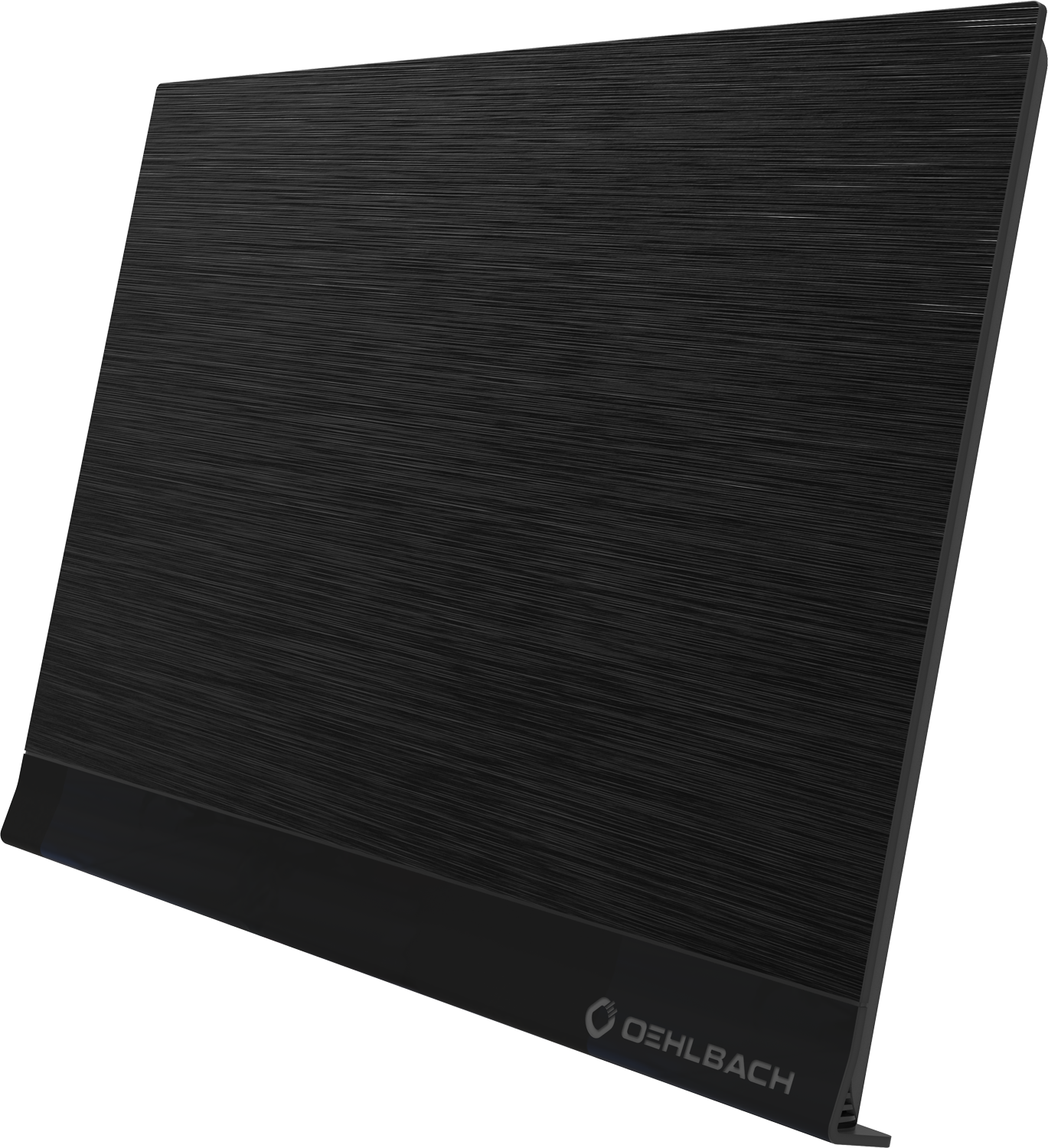 Czarny panel audio z teksturowaną powierzchnią i nazwą marki na dole.