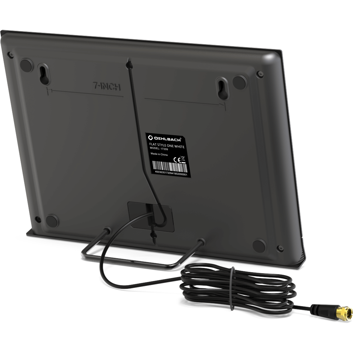 Tył czarnego 7-calowego telewizora z podstawką i podłączonym kablem.