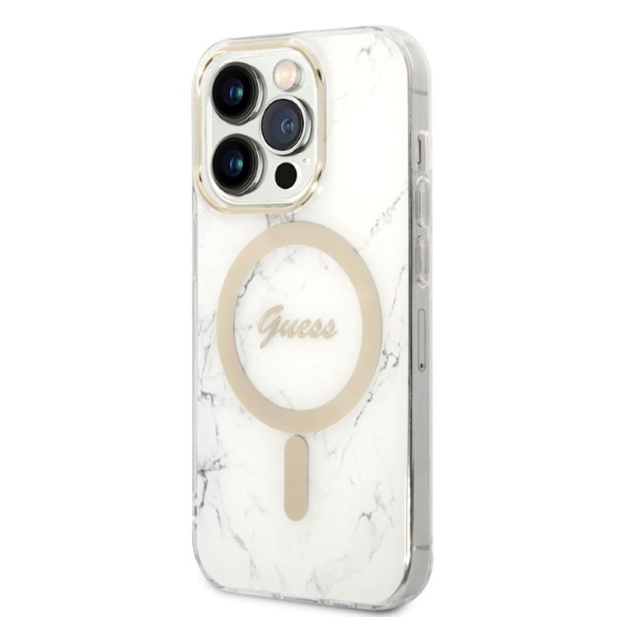 Custodia per telefono bianca e marmorizzata con dettagli dorati. Ha un logo Guess e un ritaglio per la fotocamera.